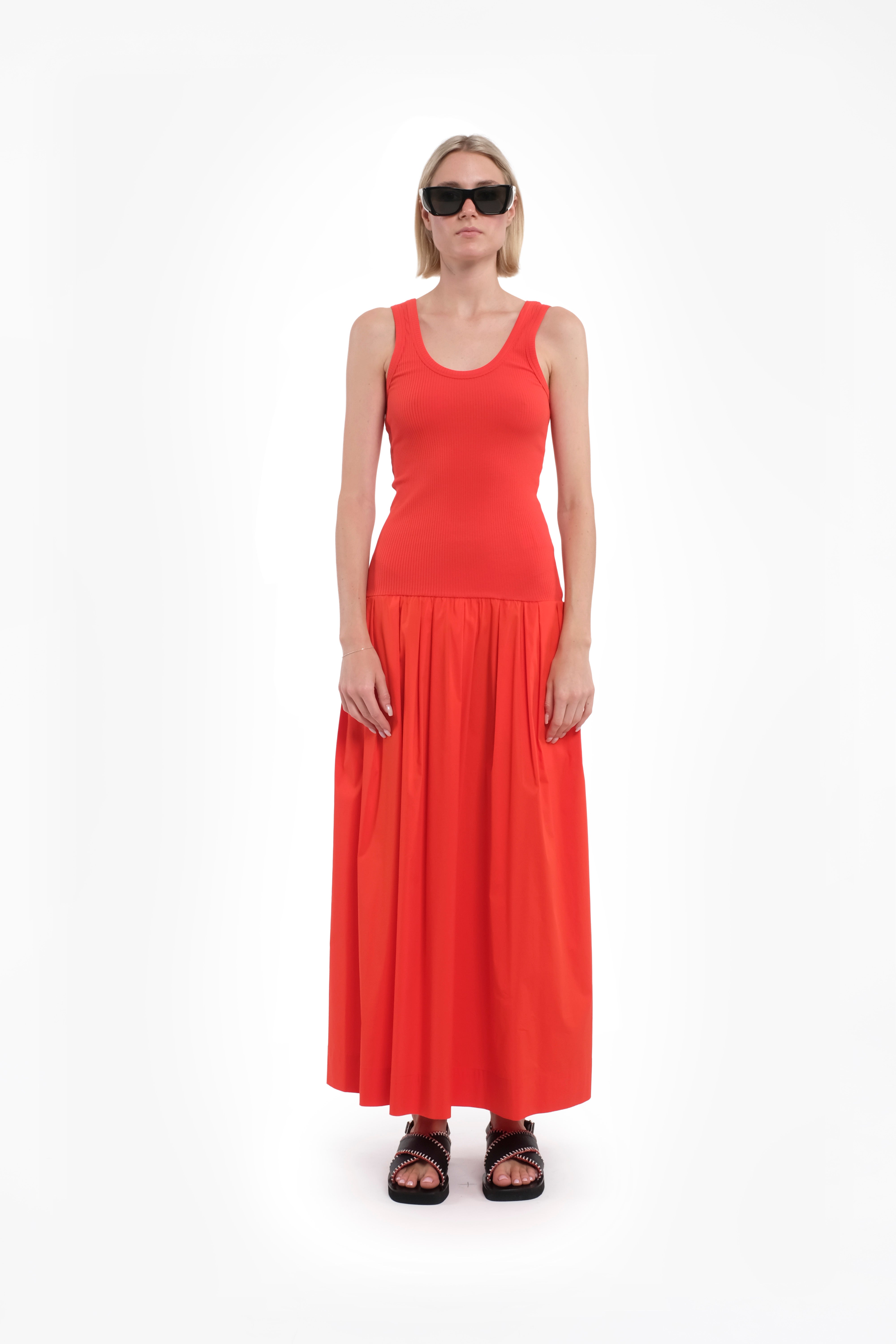 Sleeveless Red Ribbed Cotton Jersey Maxi Dress With Pleated Skirt