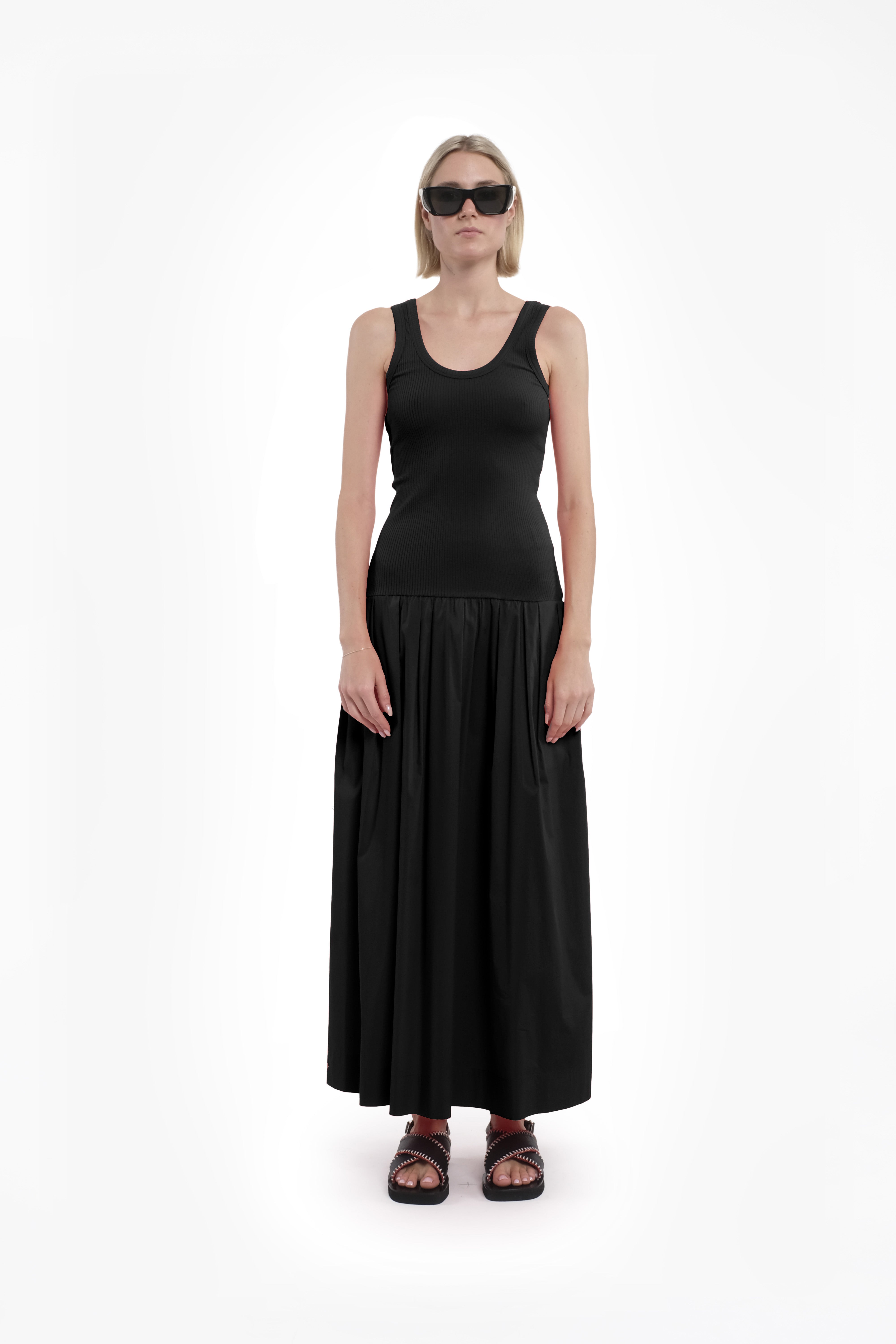 Sleeveless Black Ribbed Cotton Jersey Maxi Dress With Pleated Skirt