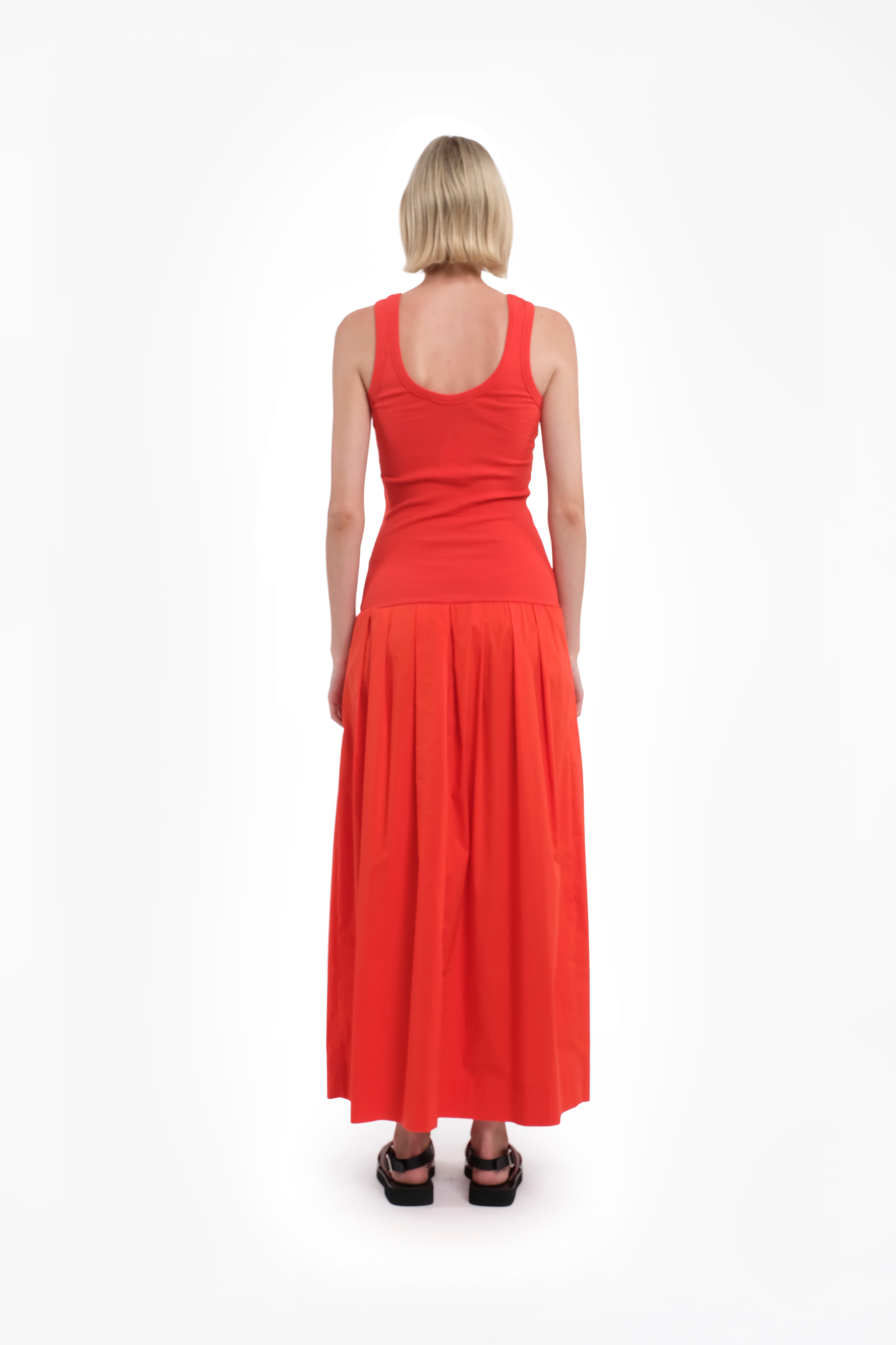 Sleeveless Red Ribbed Cotton Jersey Maxi Dress With Pleated Skirt