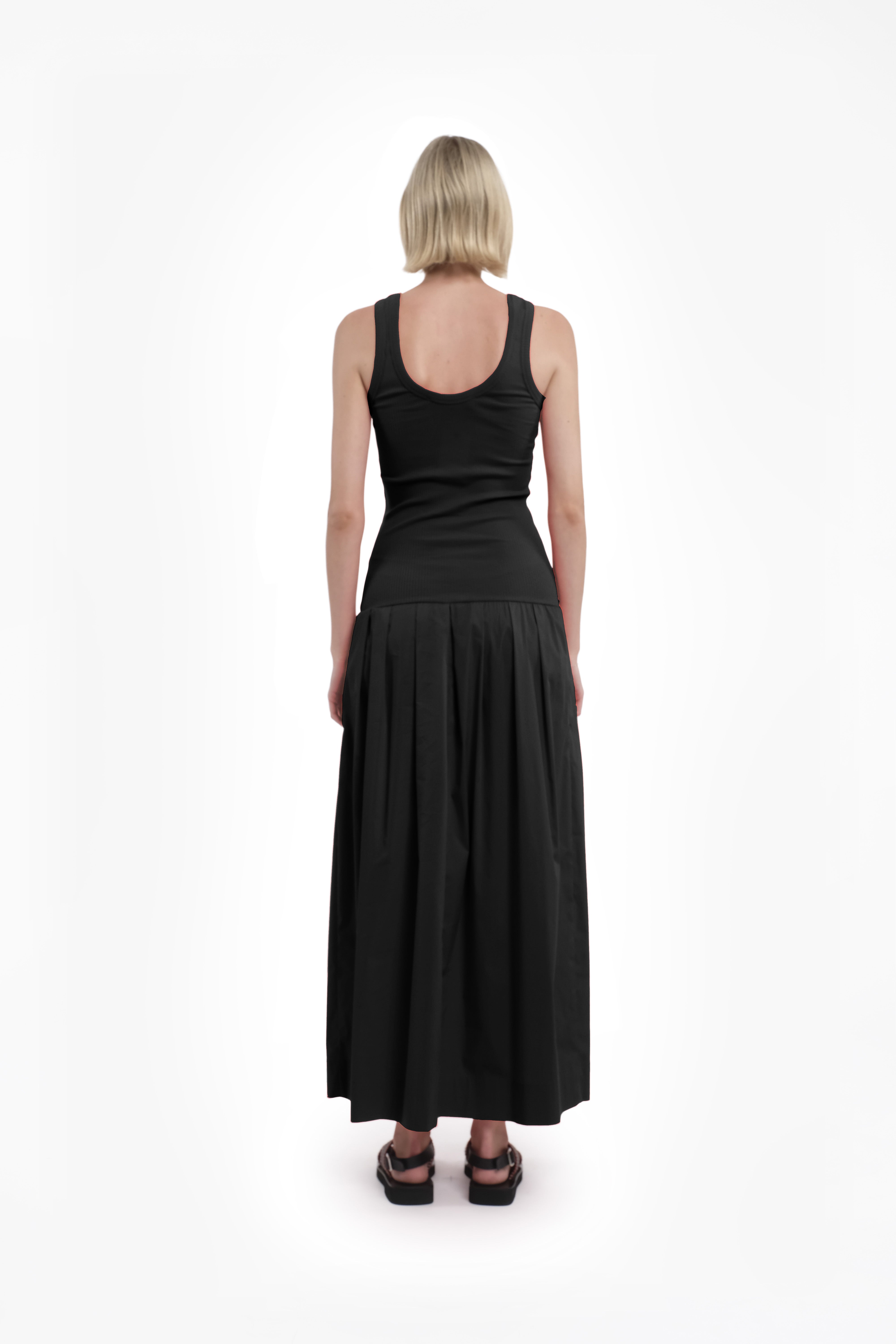 Sleeveless Black Ribbed Cotton Jersey Maxi Dress With Pleated Skirt