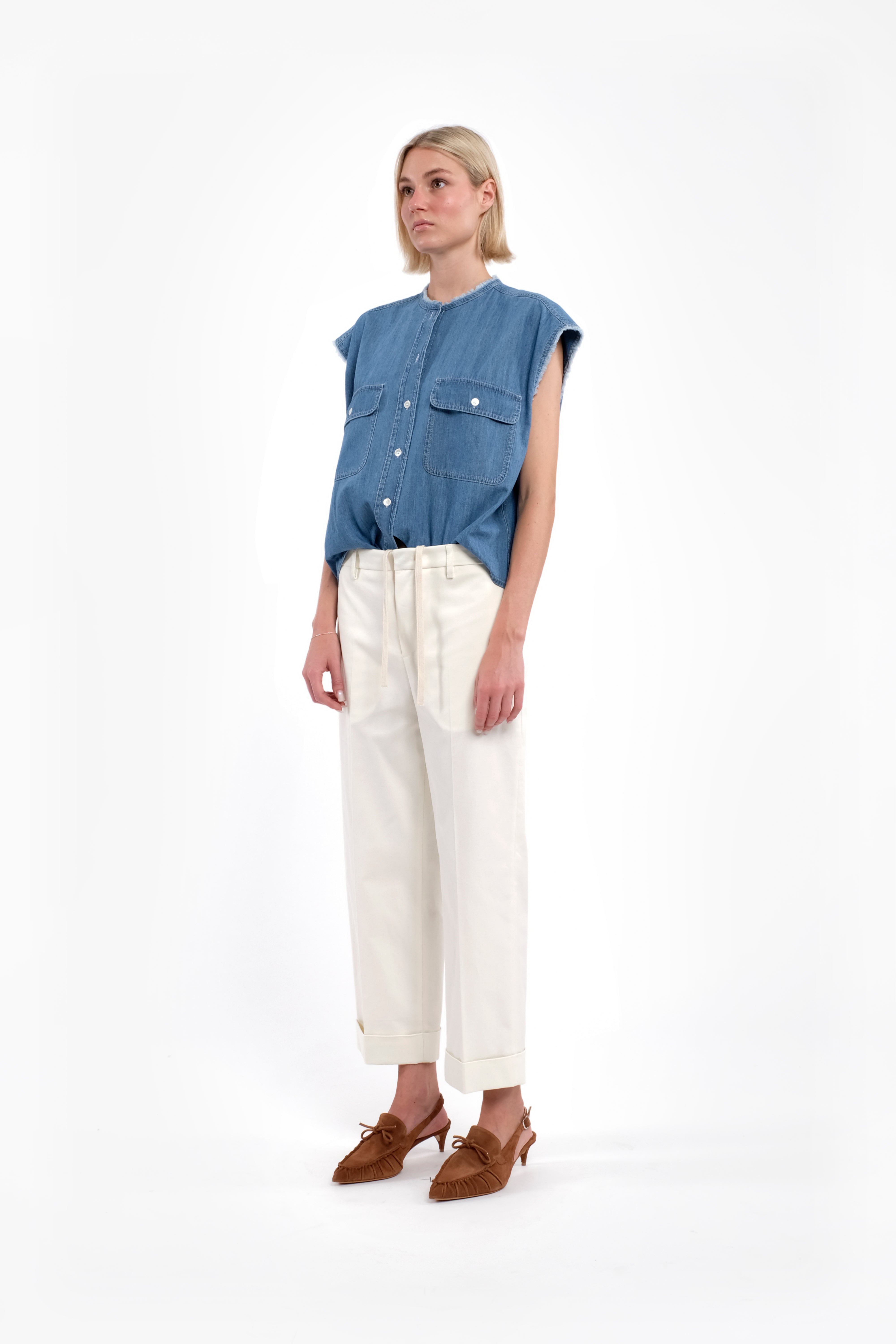 Sleeveless Light Denim Shirt With Front Buttons