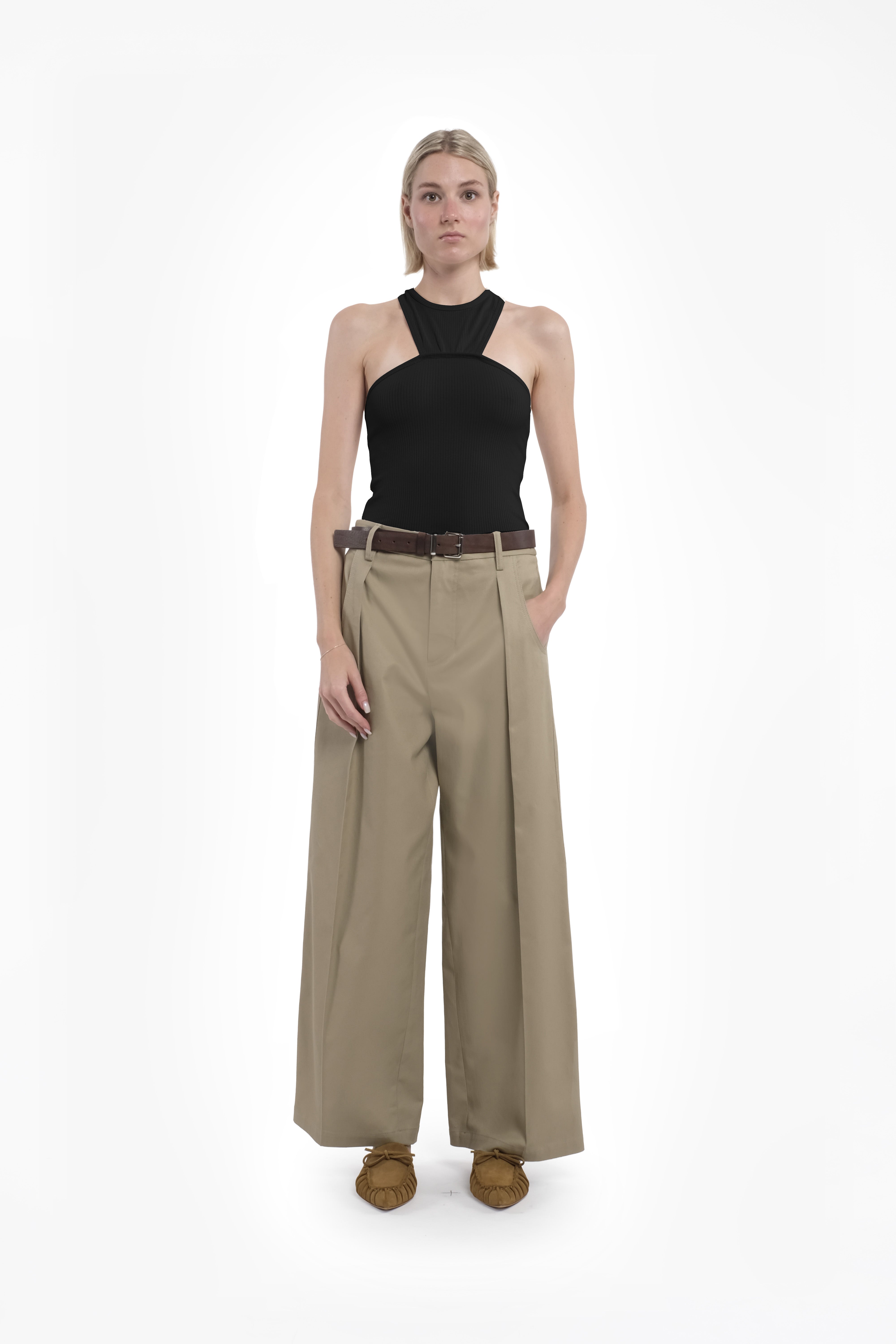 Sleeveless Black Ribbed Cotton Jersey Top With Halter Neckline