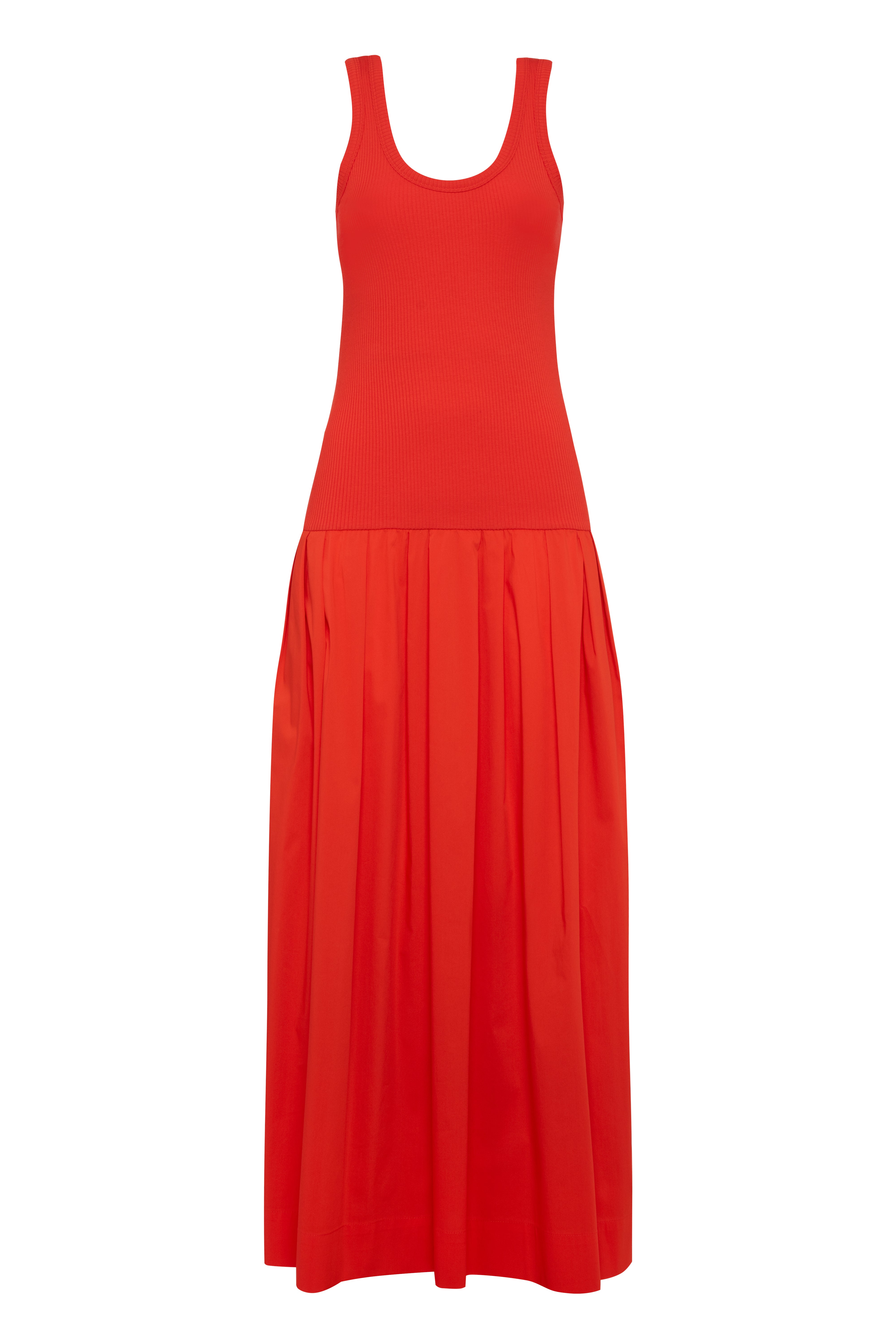 Sleeveless Red Ribbed Cotton Jersey Maxi Dress With Pleated Skirt