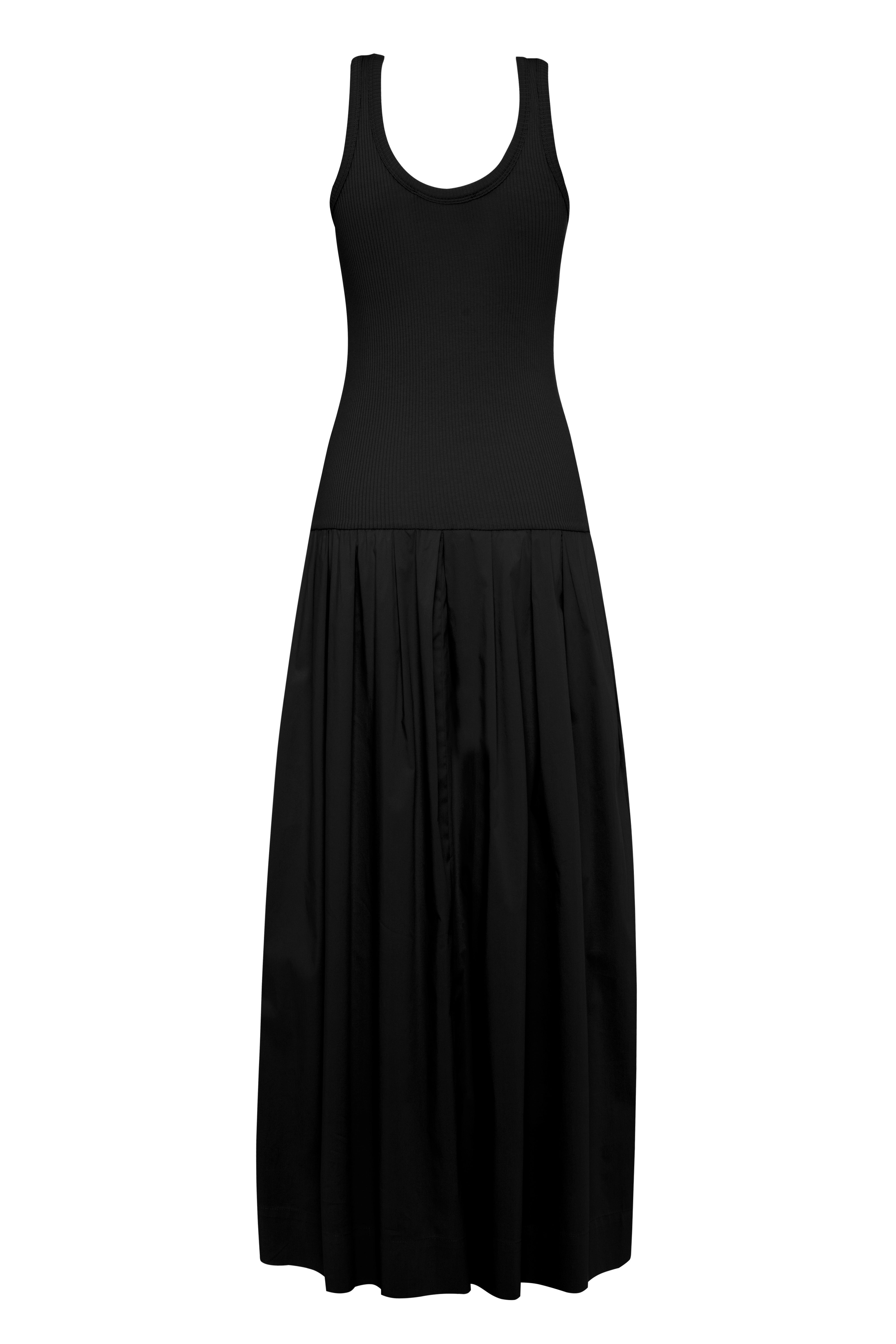 Sleeveless Black Ribbed Cotton Jersey Maxi Dress With Pleated Skirt