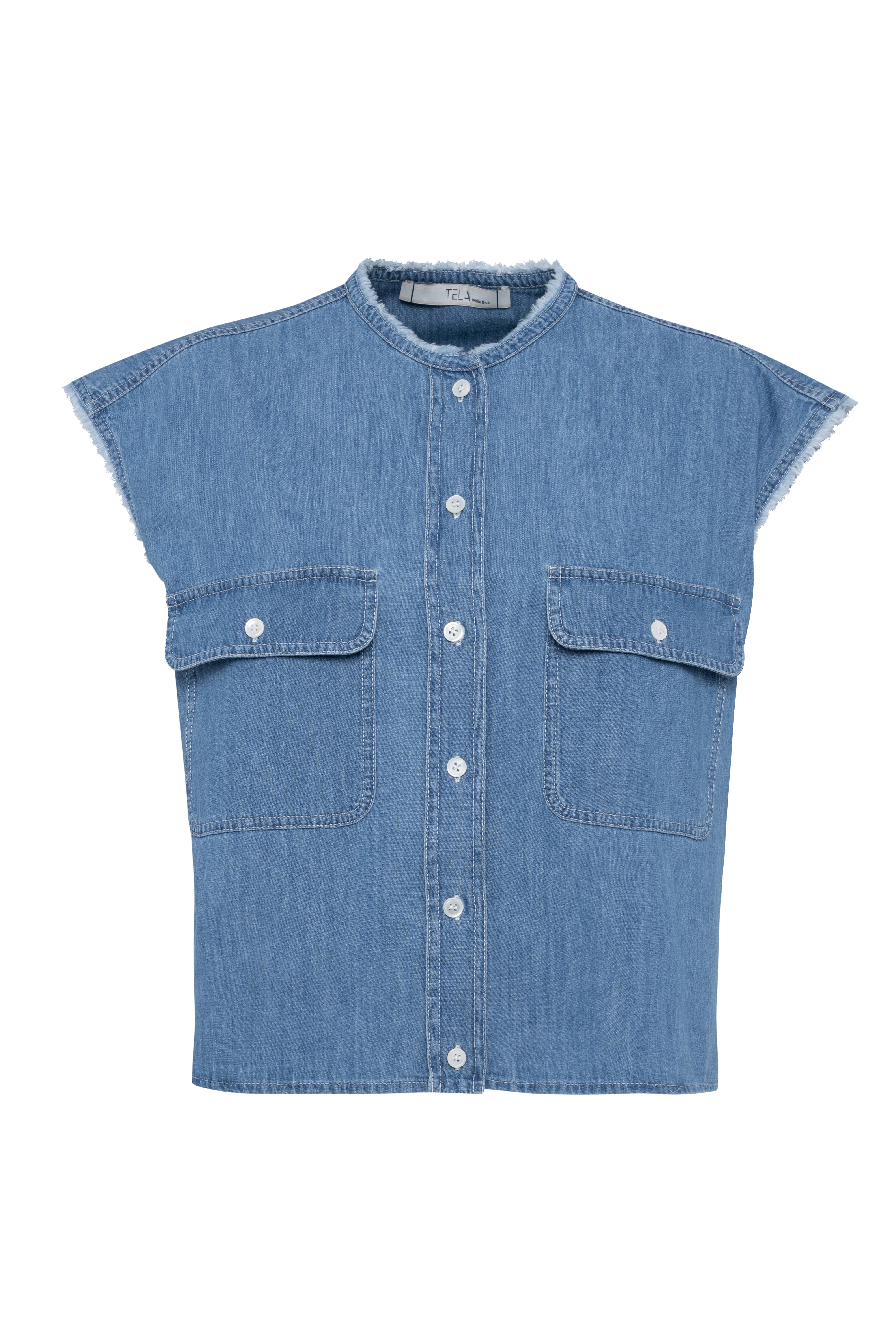 Sleeveless Light Denim Shirt With Front Buttons