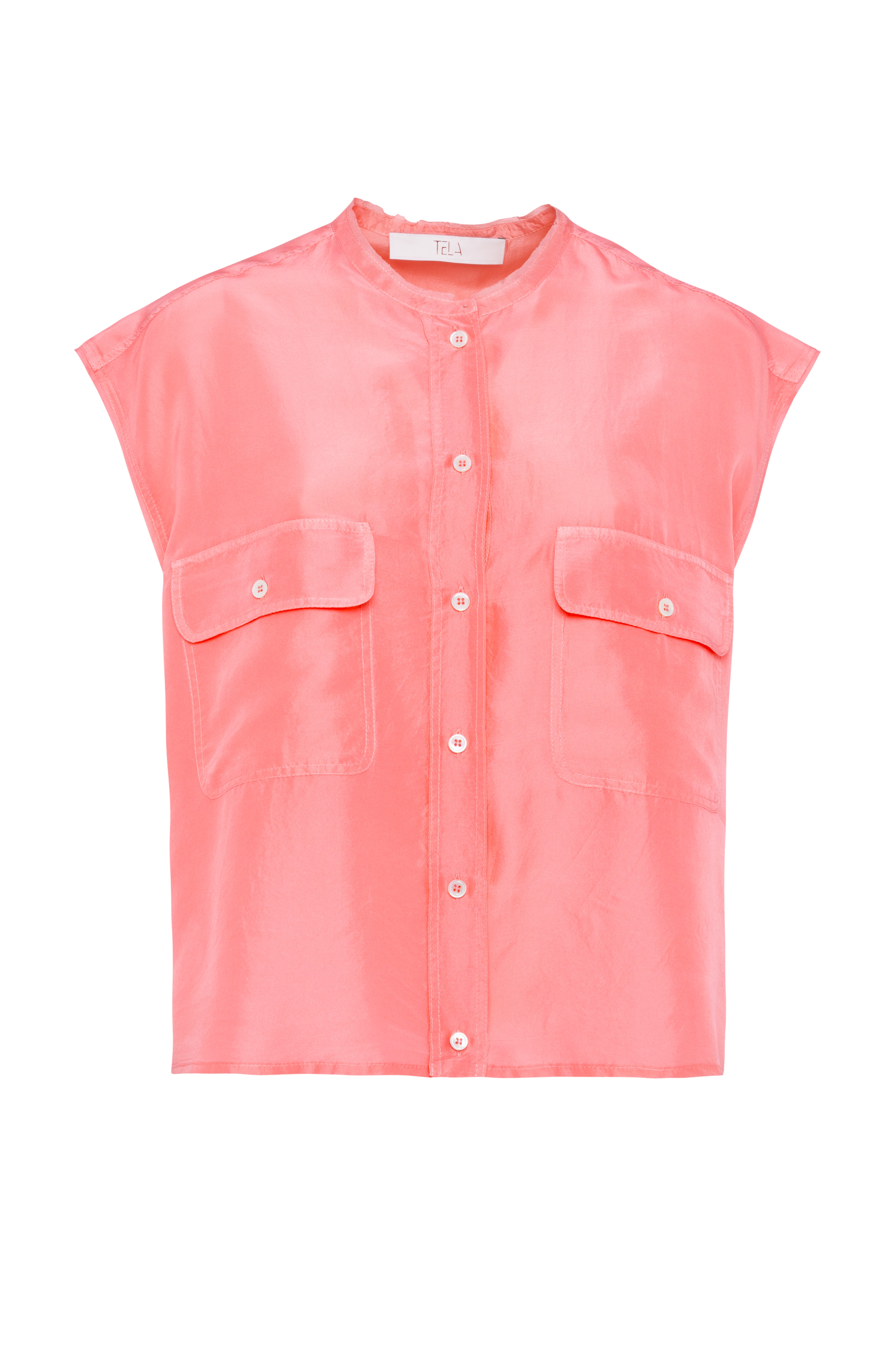 Sleeveless Habotai Silk Shirt In Pink With Mandarin Collar And Front Buttons
