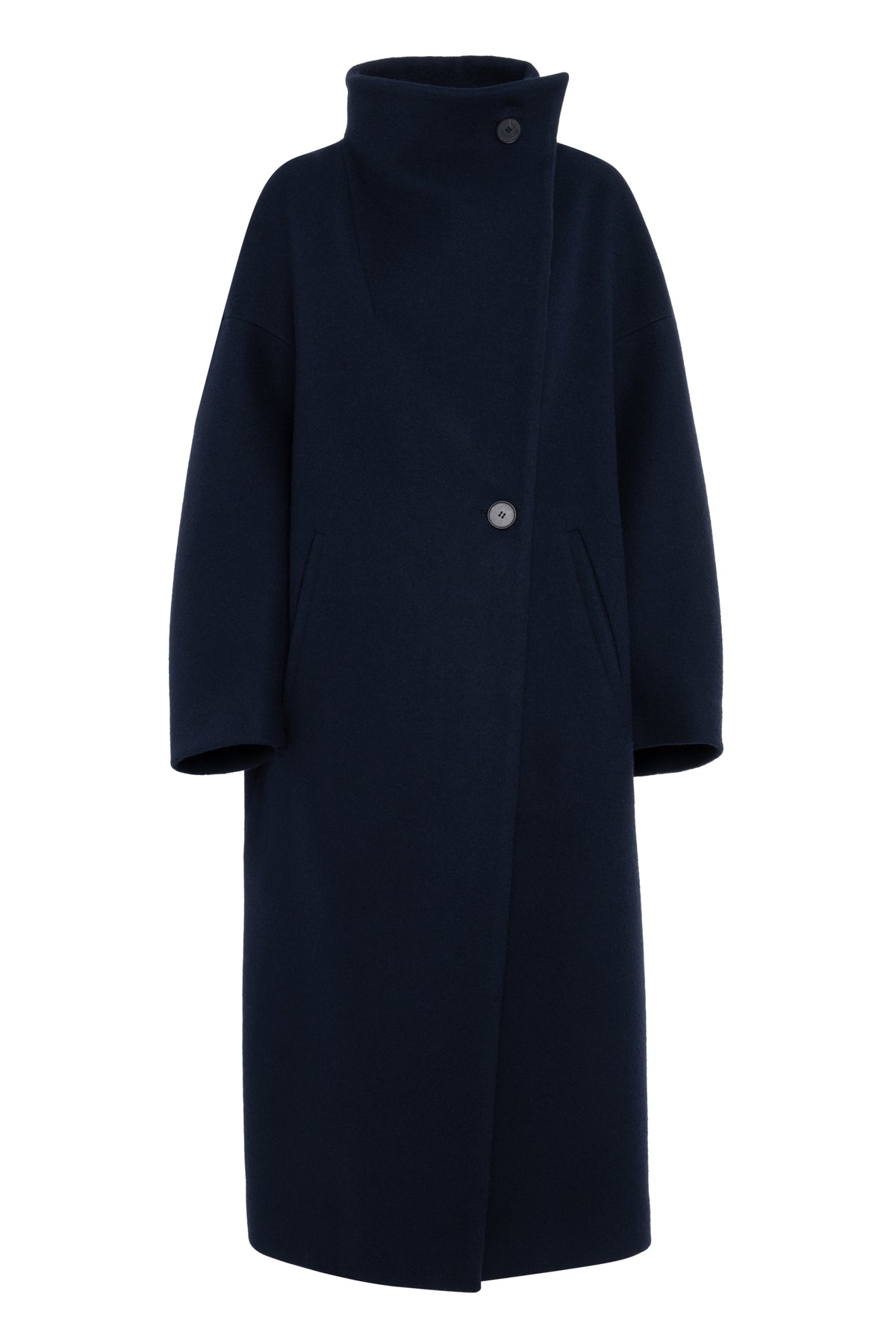 Dark Blue Long Wool Cloth Coat With Wide Collar