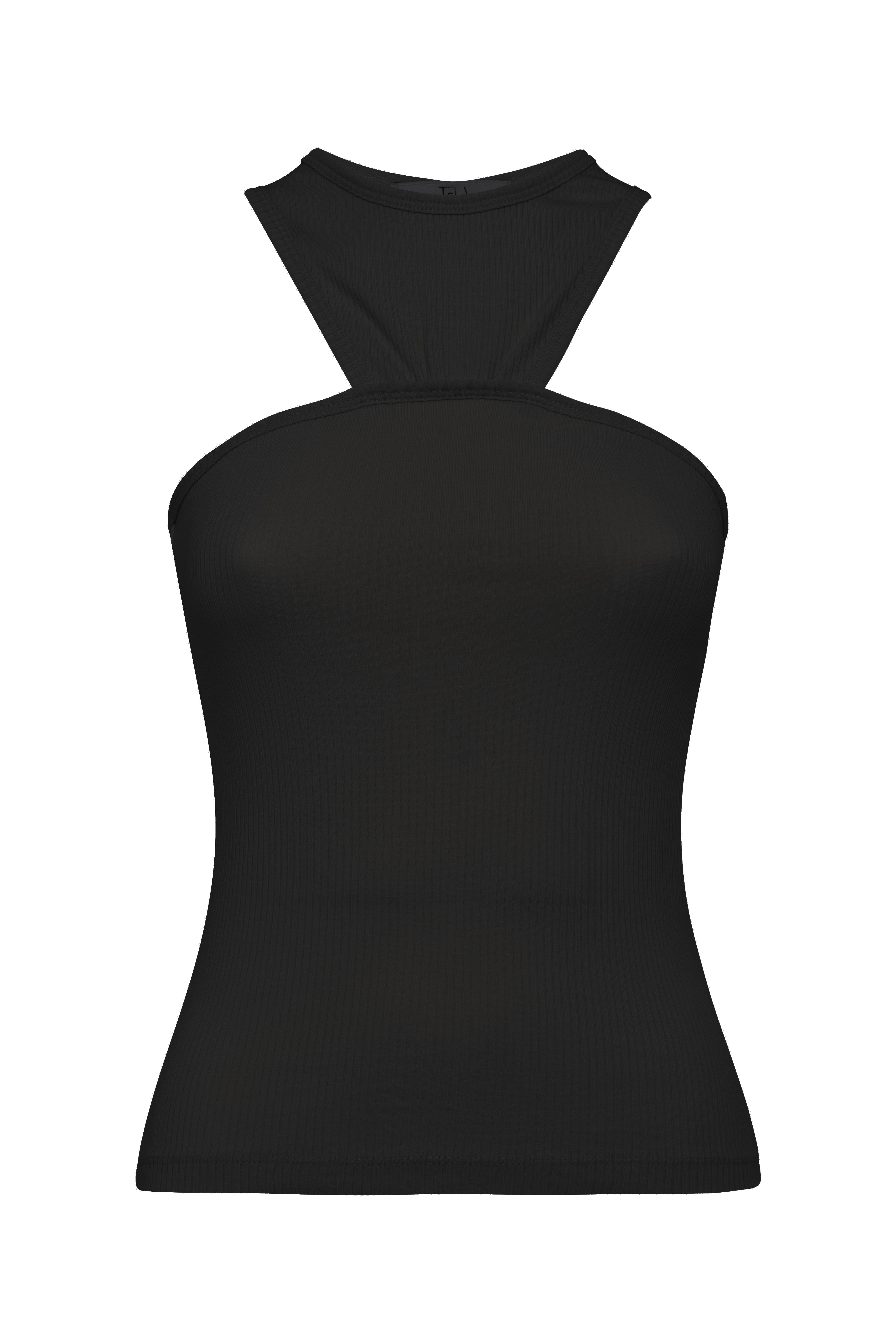 Sleeveless Black Ribbed Cotton Jersey Top With Halter Neckline