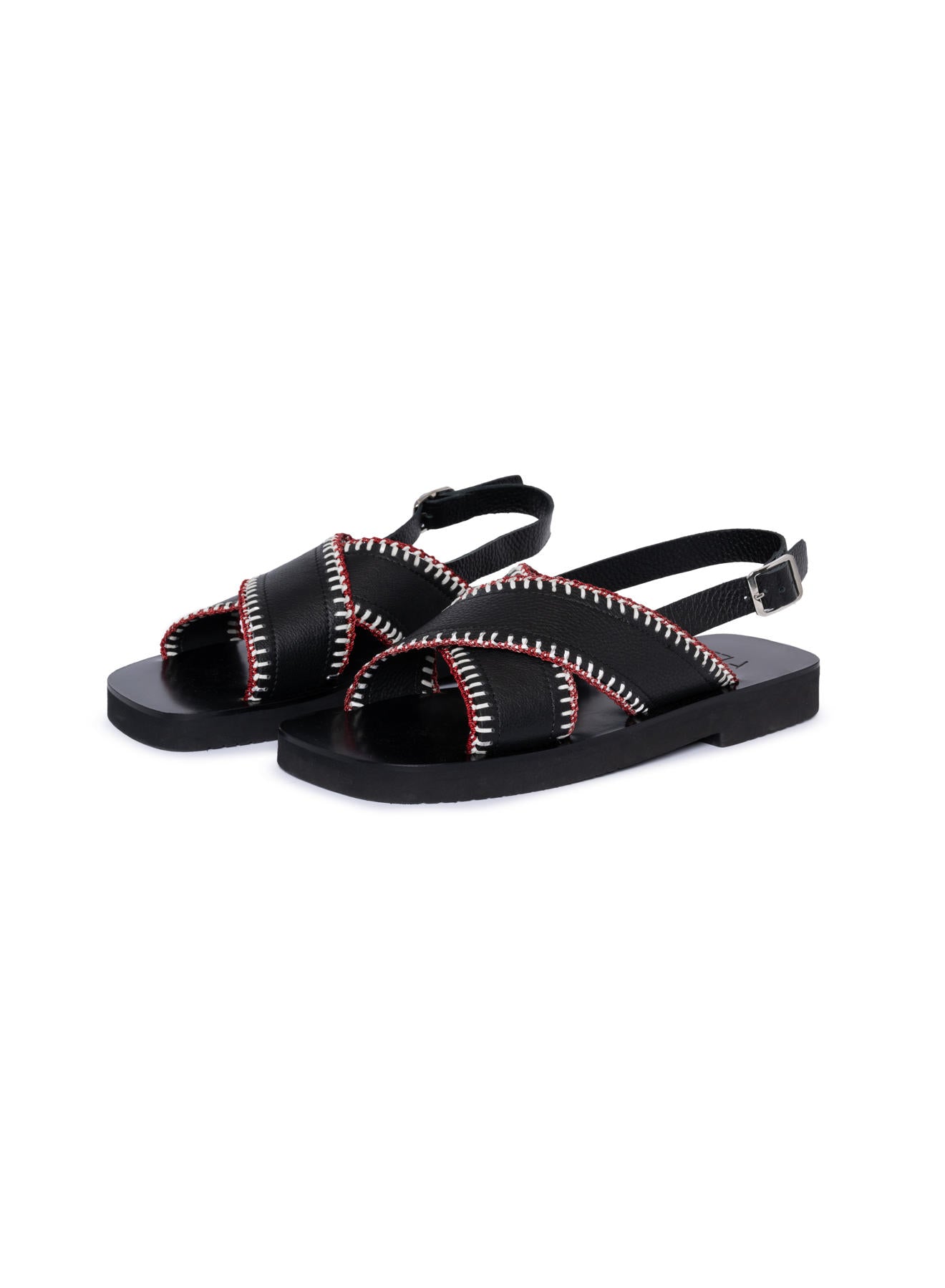 Black Woven Leather Crisscross Sandals With Hard Sole And Embroidery Detail