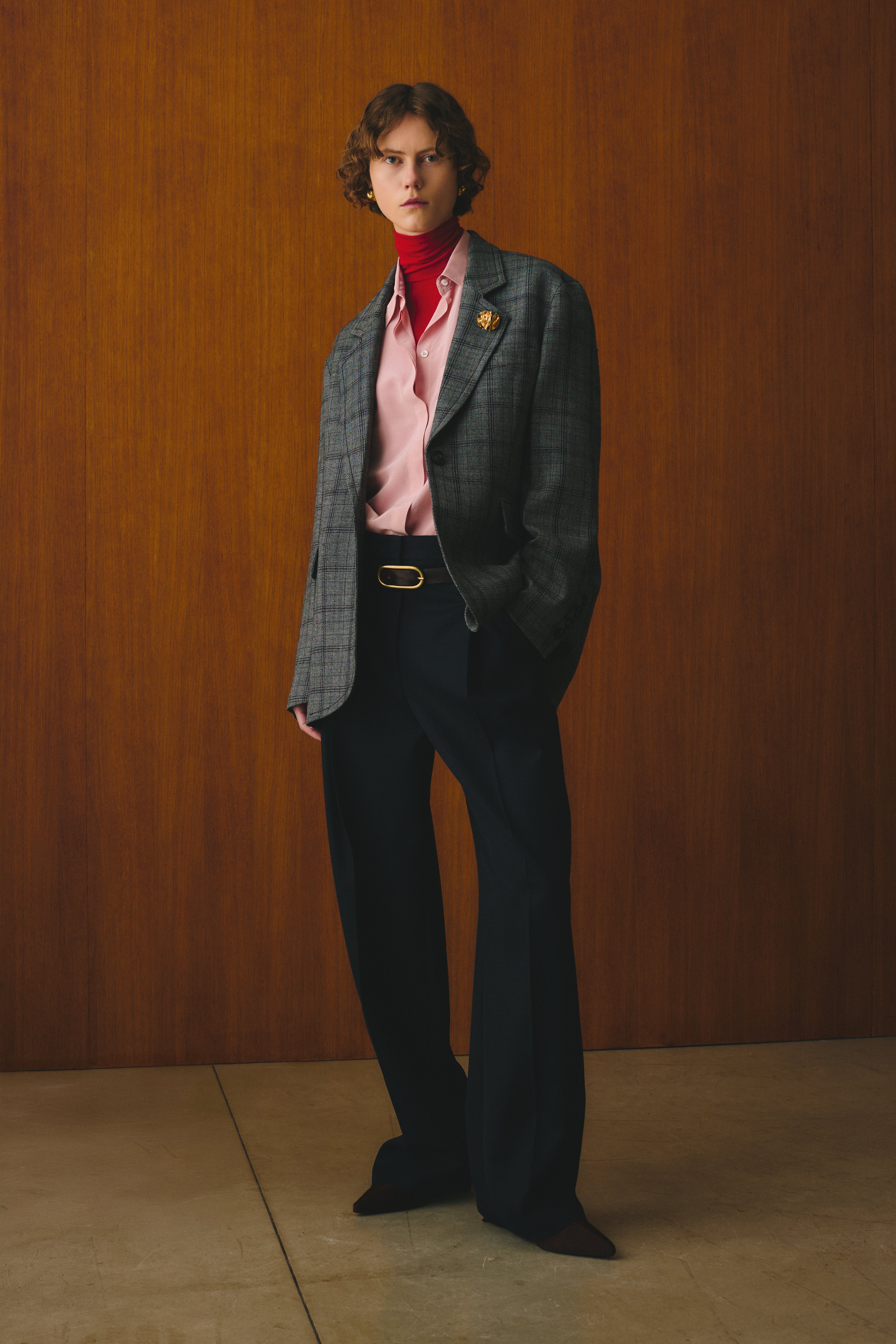 Single-Breasted Checked Wool Blazer With Gold Brooch Detail