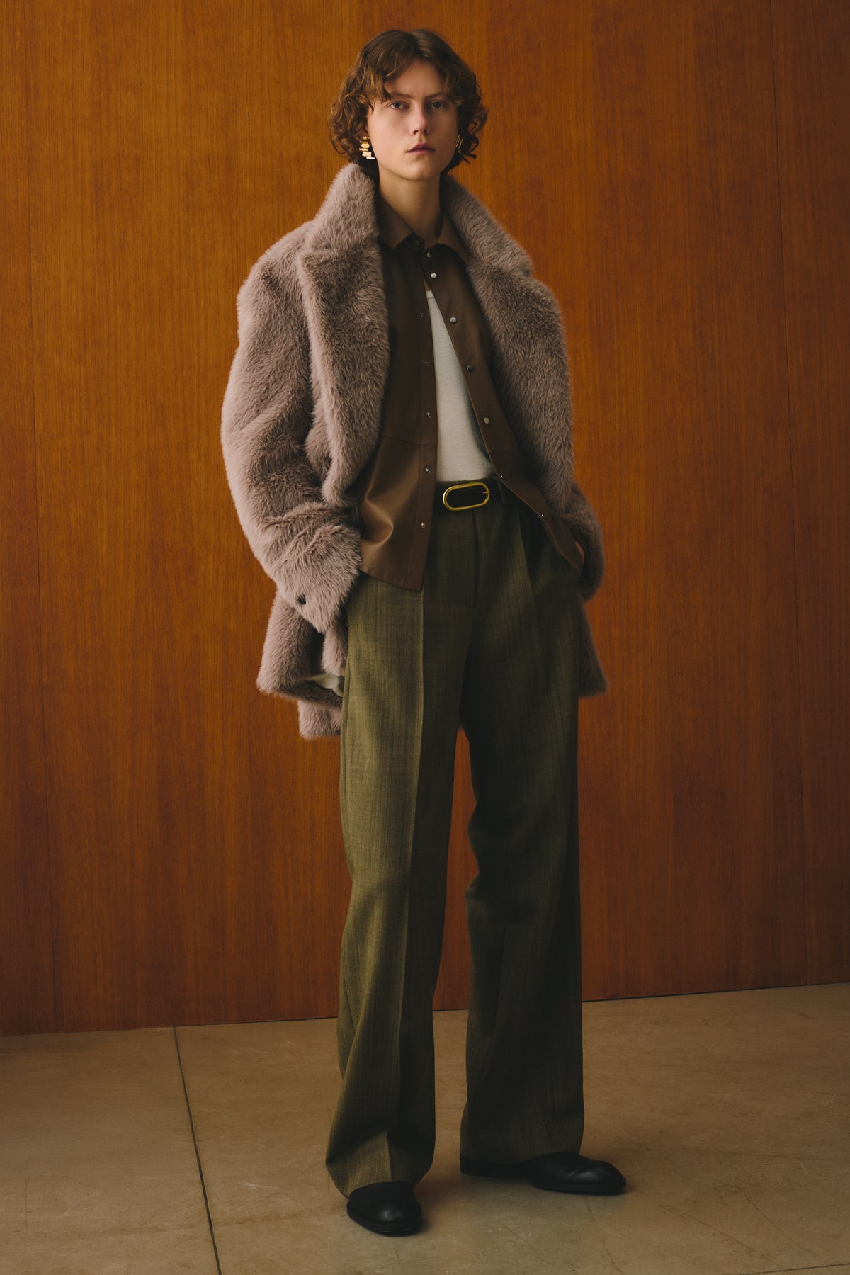 Beige Double-Breasted Faux Fur Blazer Jacket