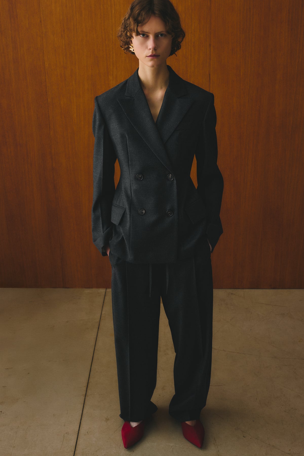 Charcoal Double-Breasted Flannel Blazer With Fitted Waist