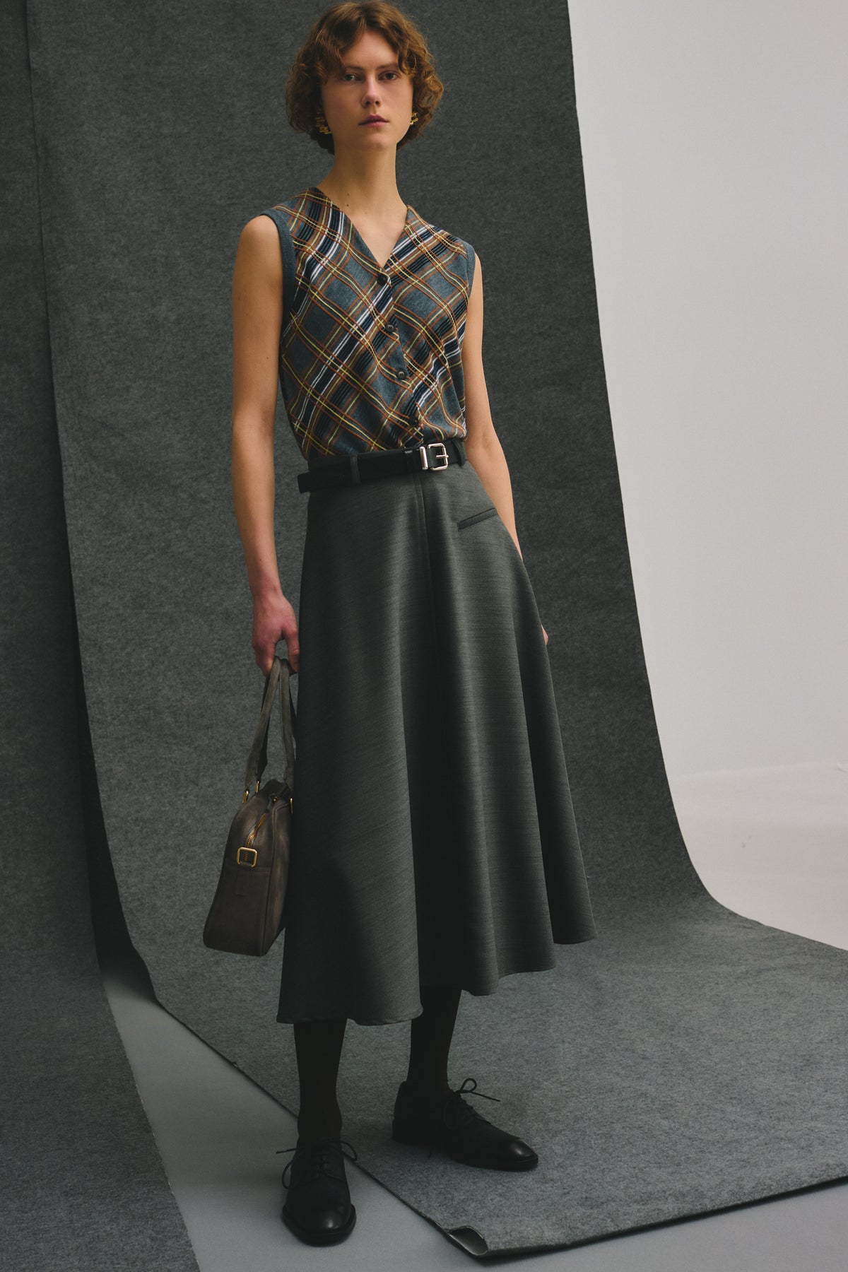 Heather Grey Pleated Midi Skirt In Worsted Wool