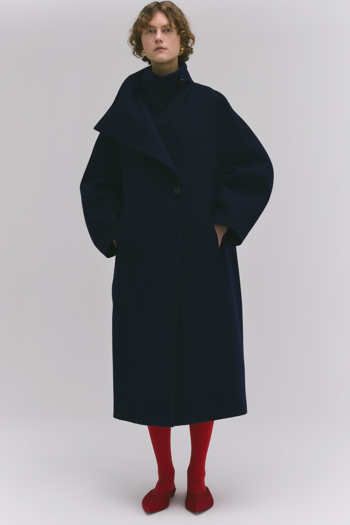 Dark Blue Long Wool Cloth Coat With Wide Collar