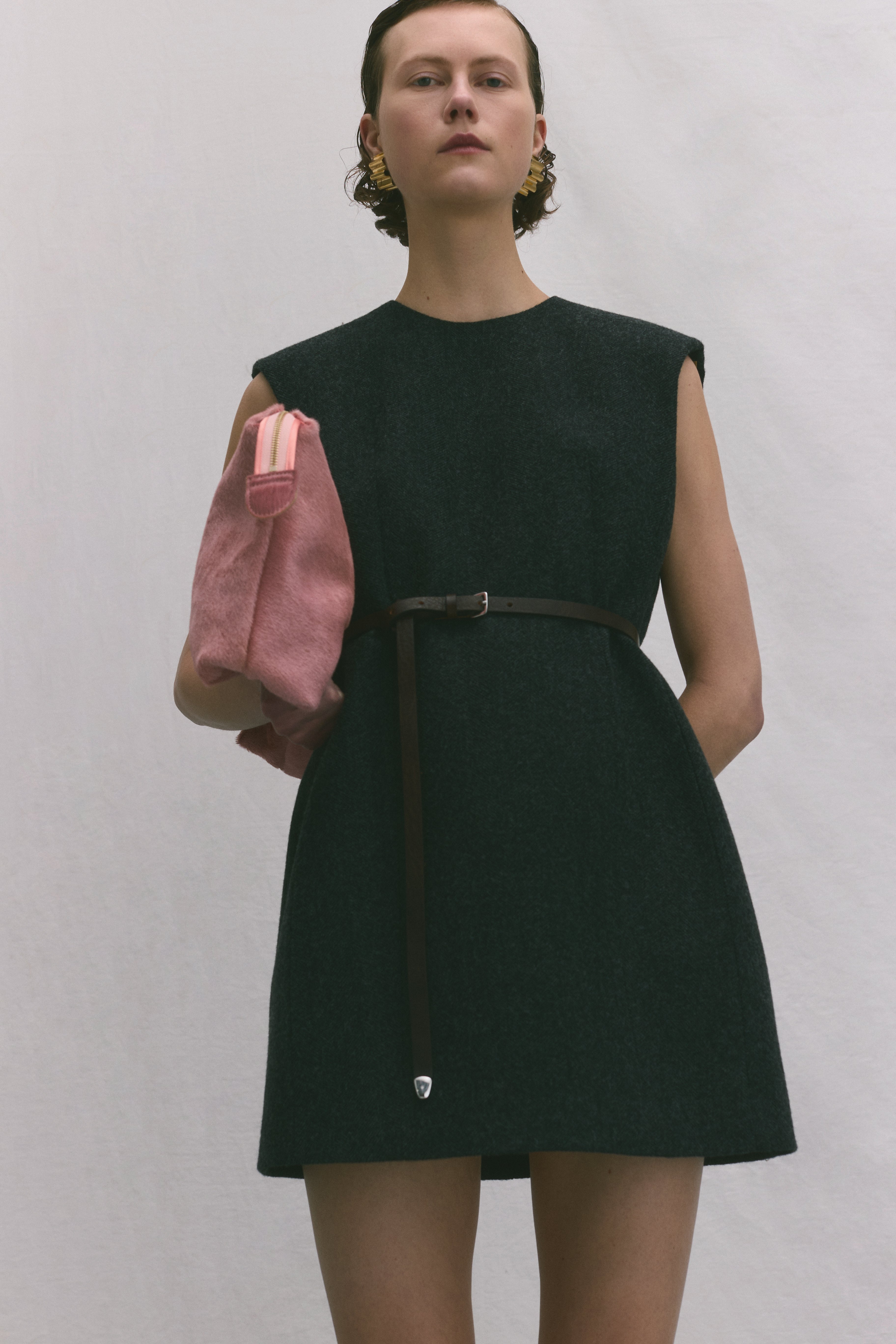 Anthracite Grey Sleeveless Mini Dress In Wool Cloth