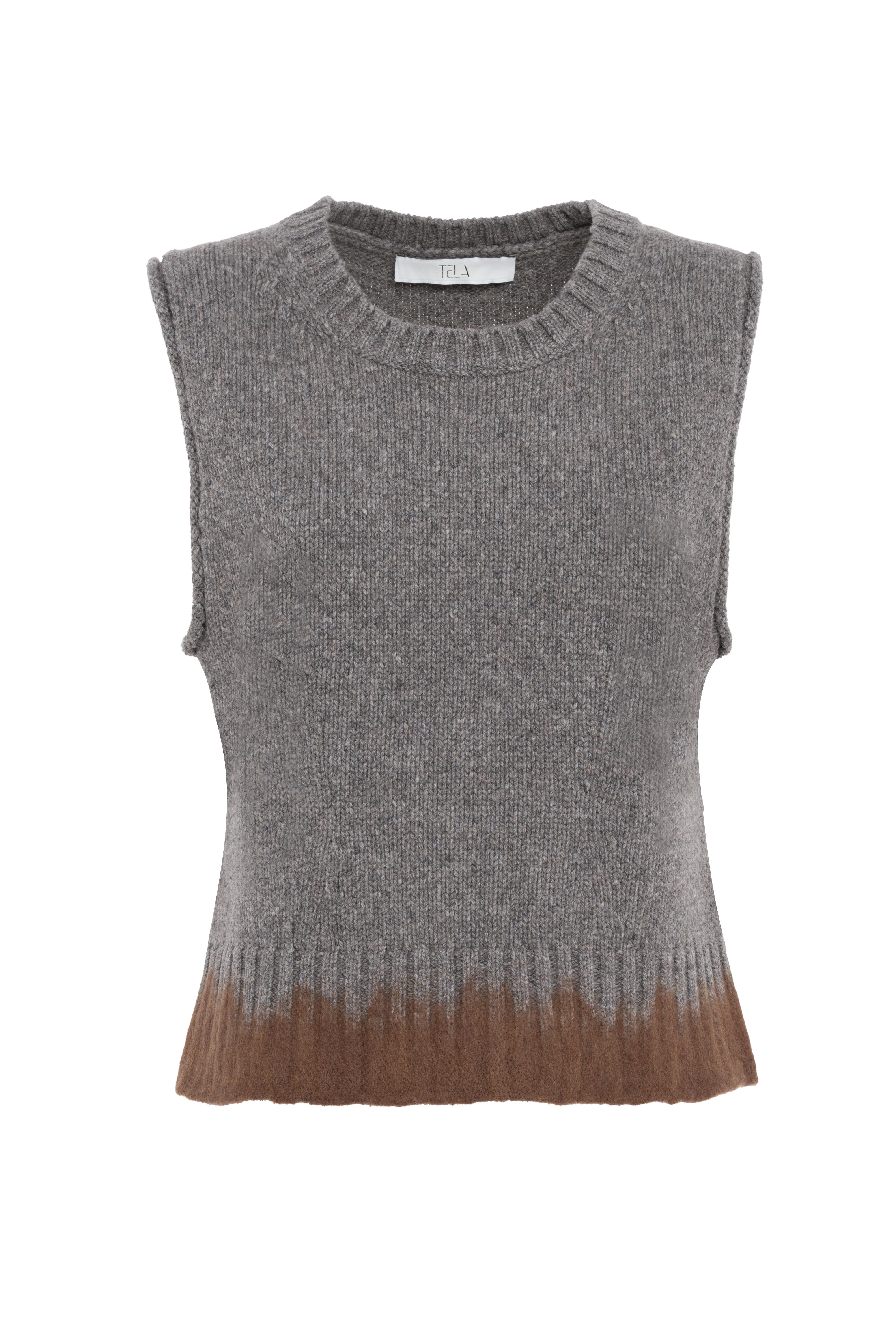 Grey Sleeveless Crewneck Knit Sweater With Brown Detail