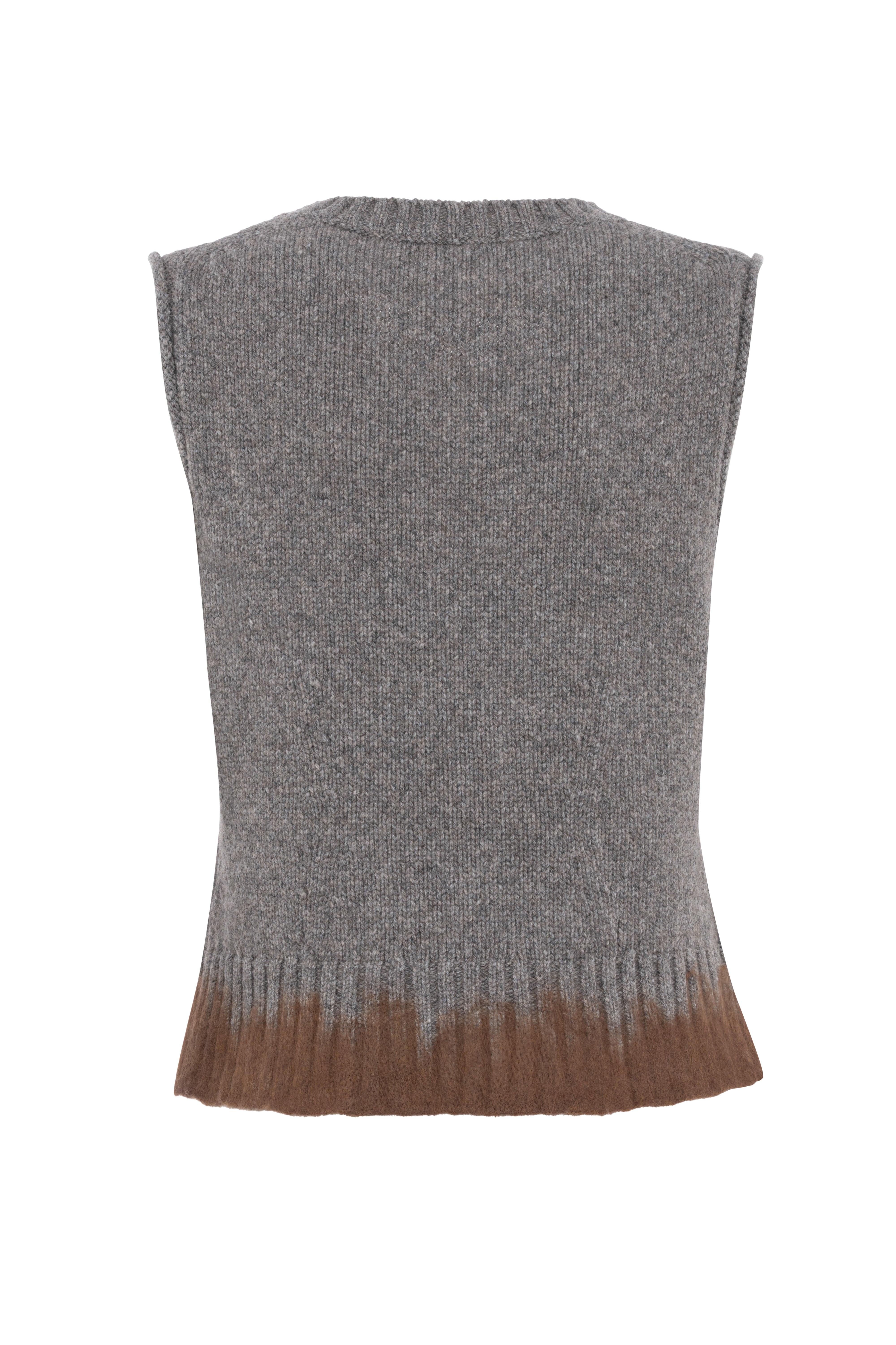Grey Sleeveless Crewneck Knit Sweater With Brown Detail