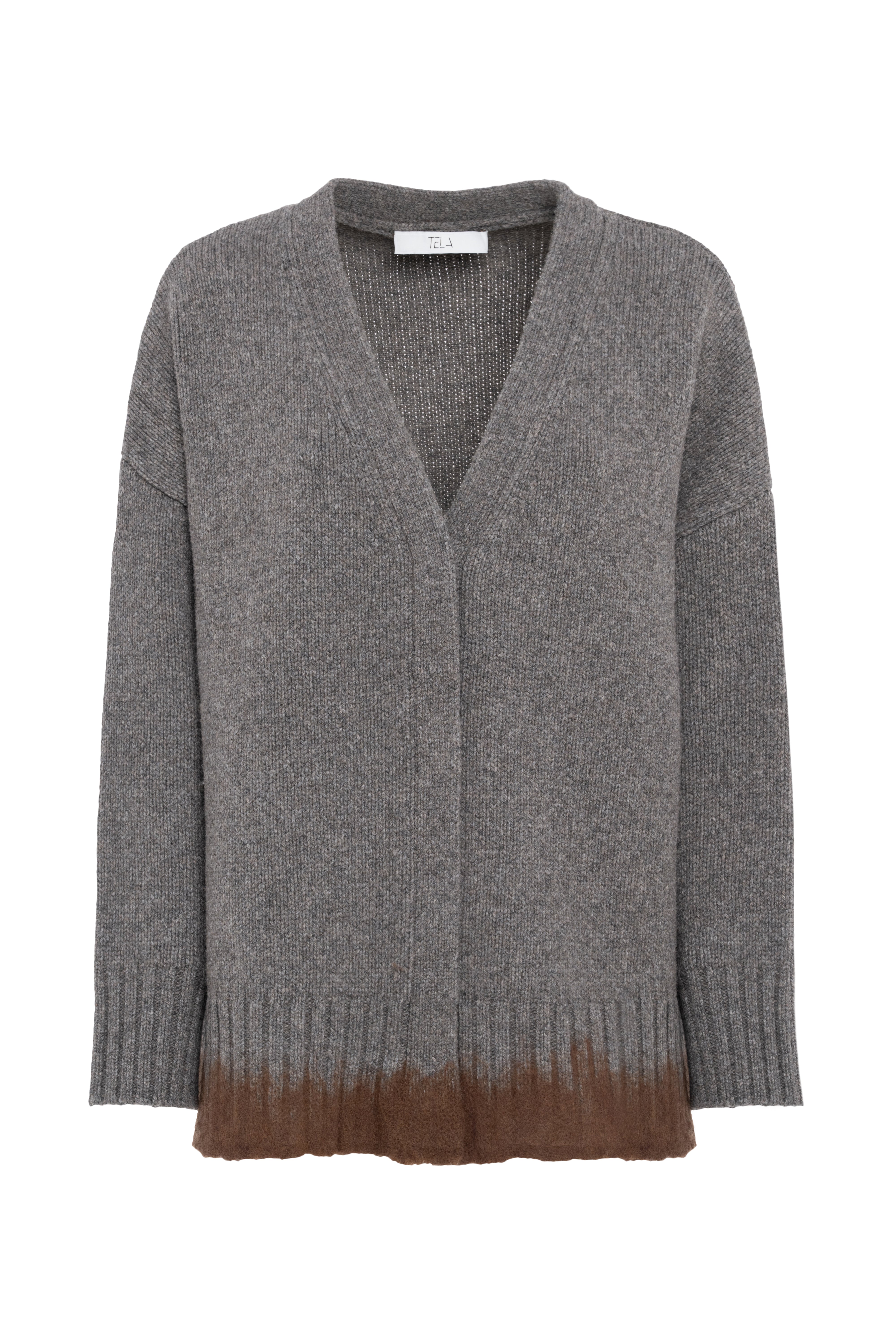 Grey Wool V-Neck Cardigan With Brown Detail