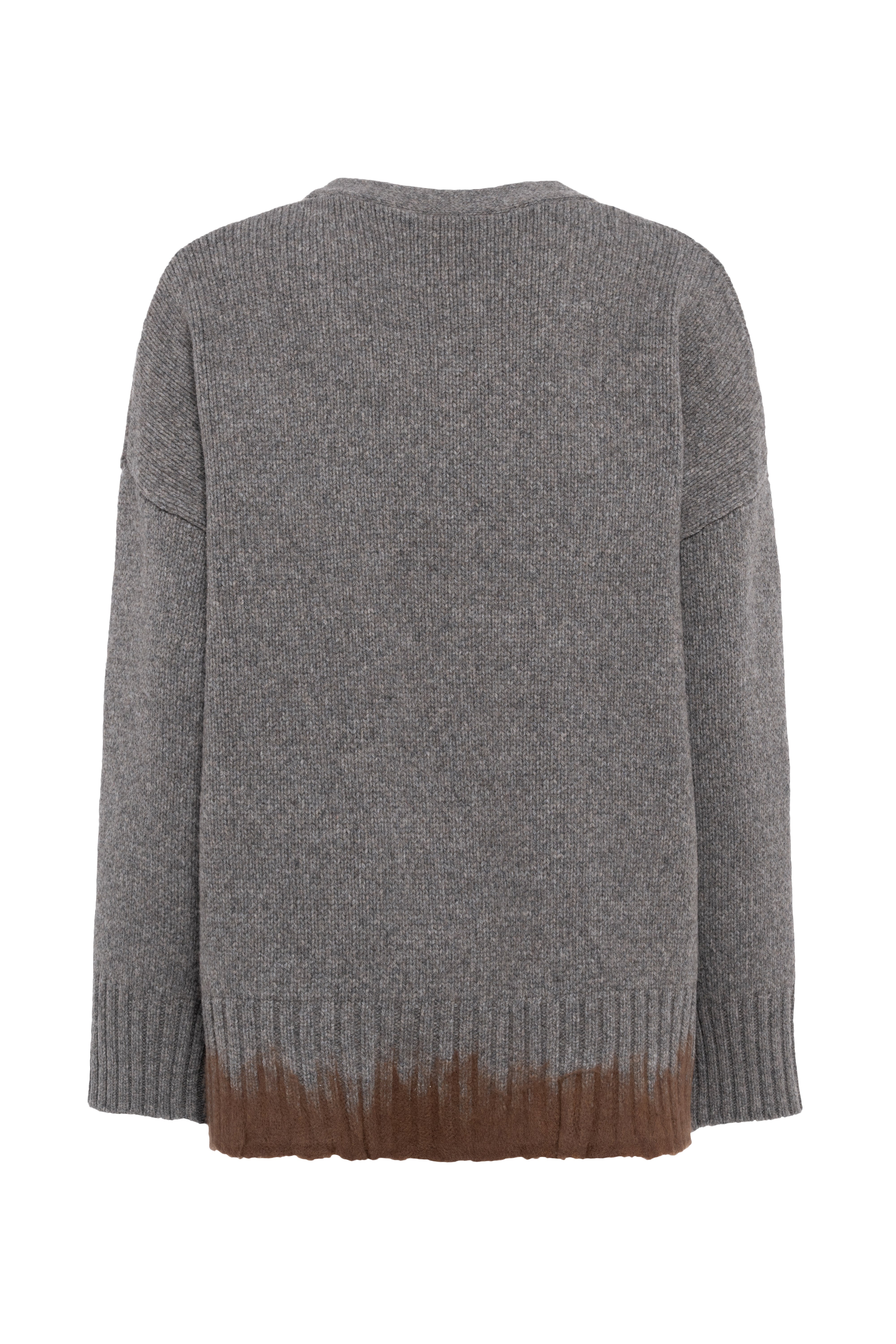 Grey Wool V-Neck Cardigan With Brown Detail