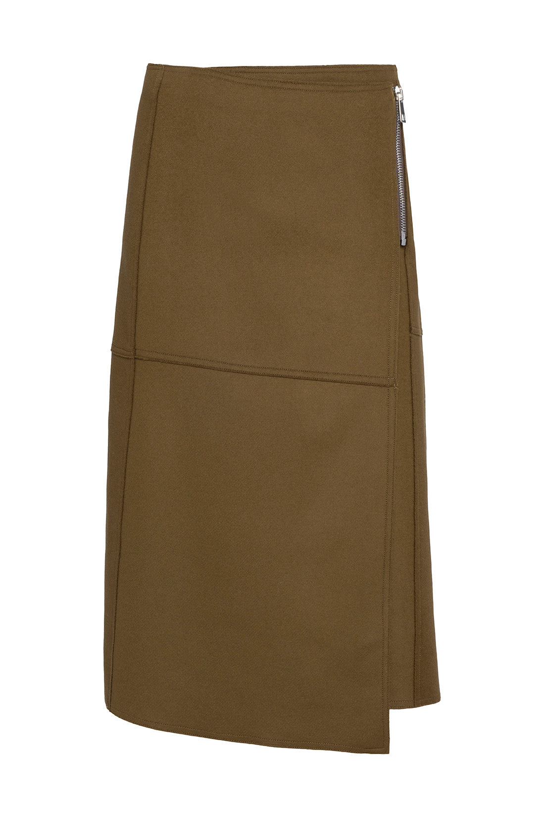 Bark Green Asymmetric Skirt In Solid Wool With Side Zipper