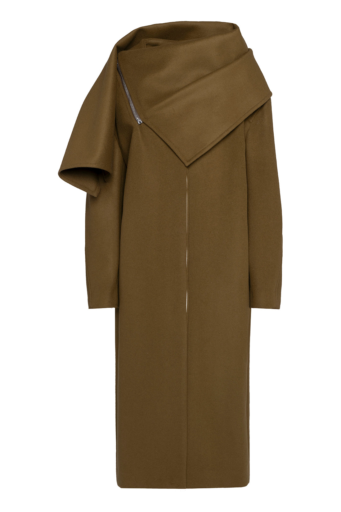 Bark Green Asymmetric Draped Coat In Solid Wool