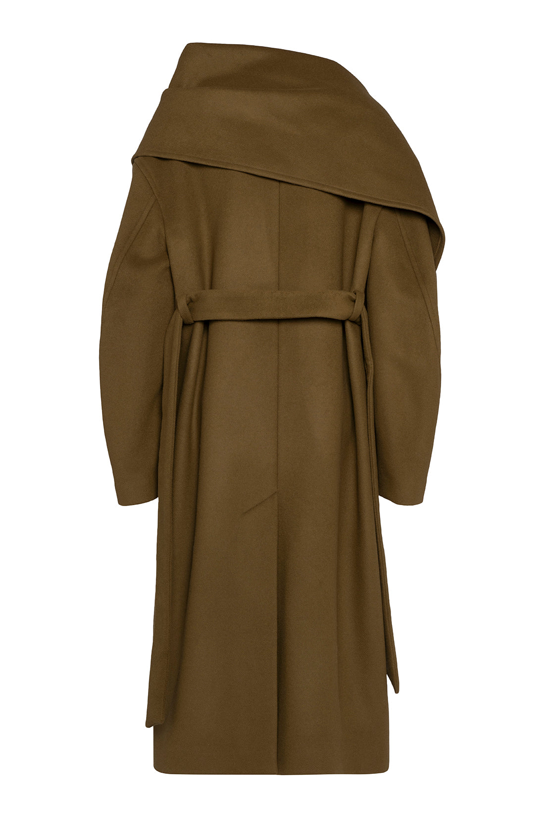 Bark Green Asymmetric Draped Coat In Solid Wool