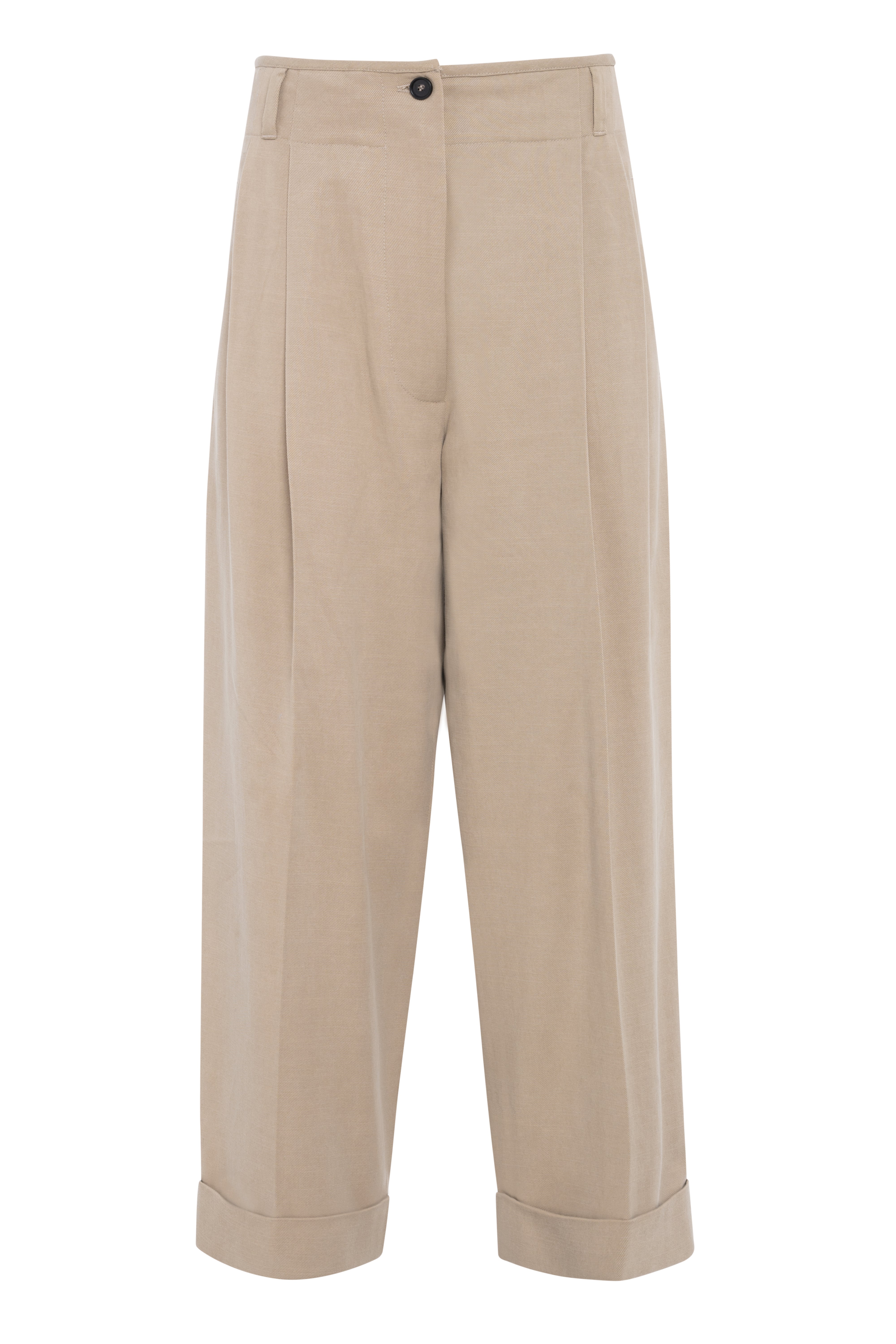 Beige Lyocell Cotton Double Pleated Ankle-Length Trousers