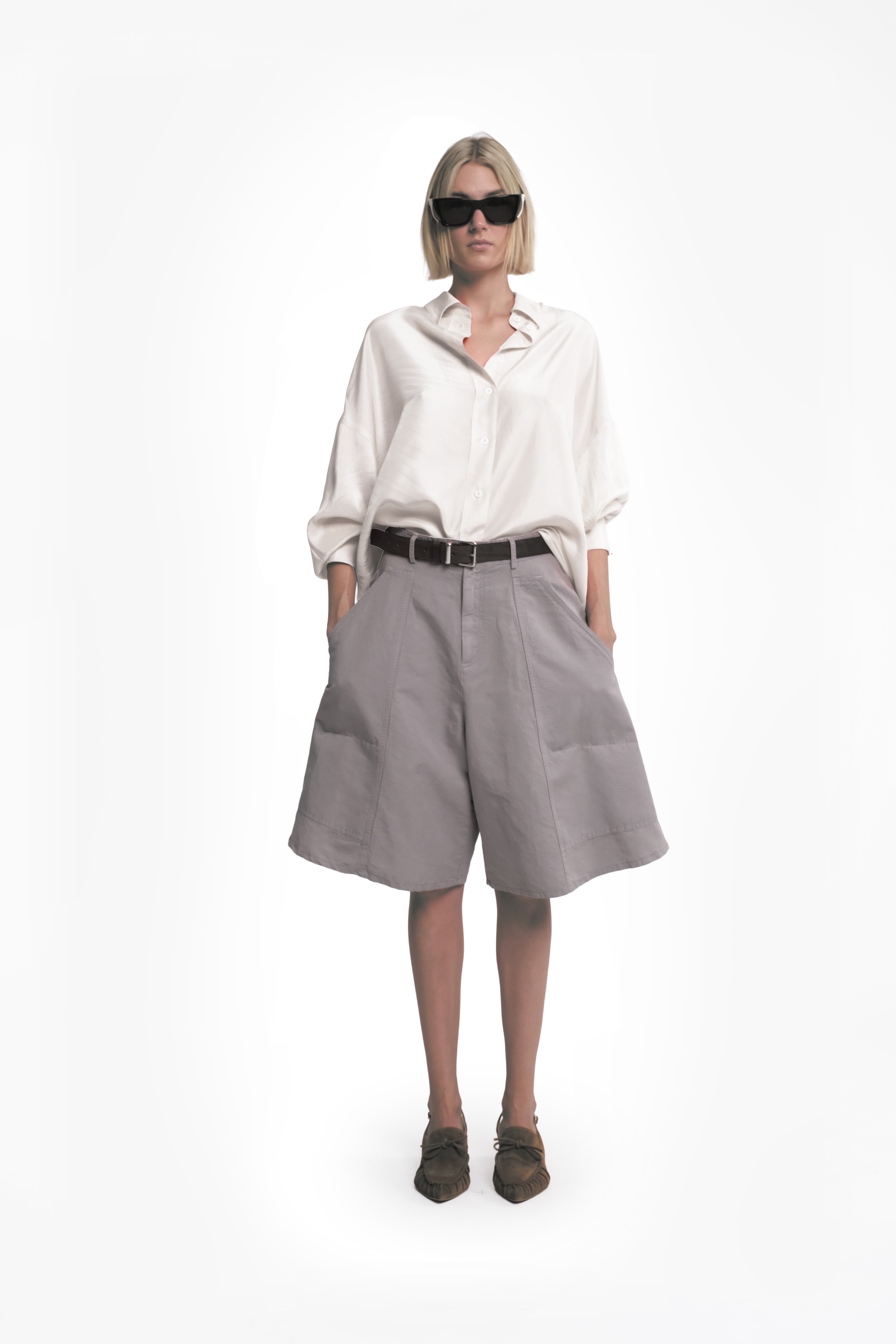 Long Sleeve Habotai Silk Shirt In Chalk White With Tie-Back Collar And Back Neckline Detail