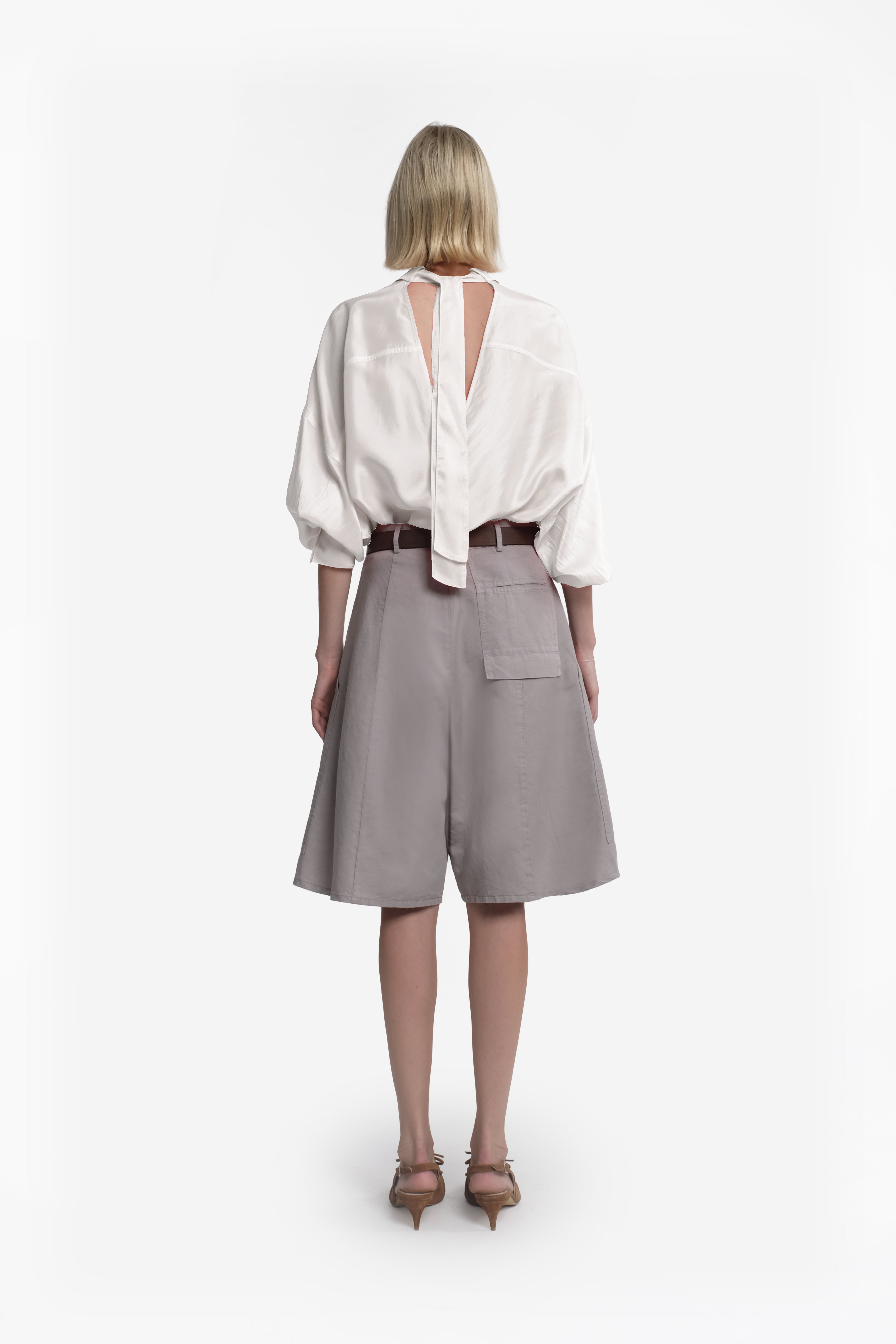 Long Sleeve Habotai Silk Shirt In Chalk White With Tie-Back Collar And Back Neckline Detail