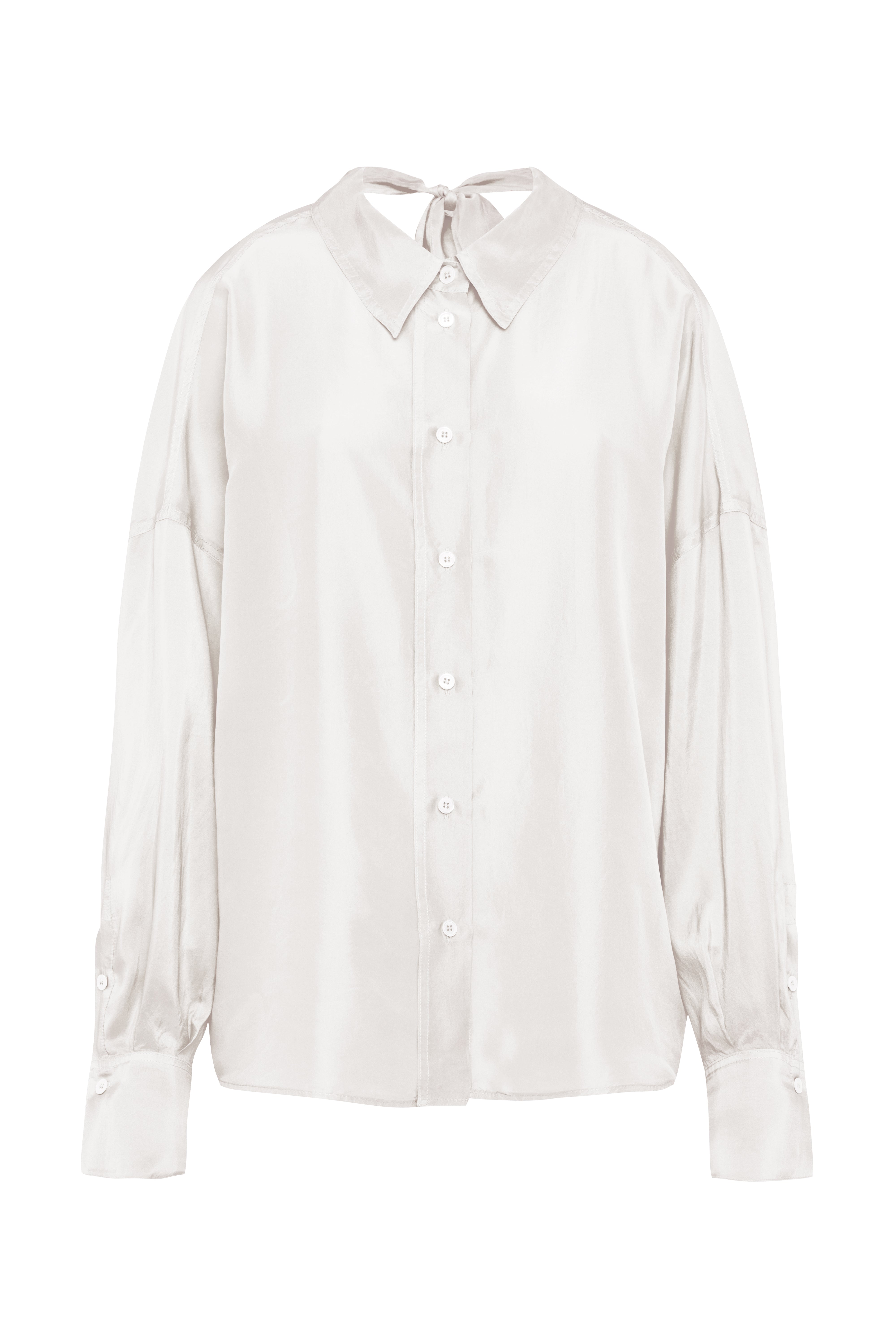 Long Sleeve Habotai Silk Shirt In Chalk White With Tie-Back Collar And Back Neckline Detail