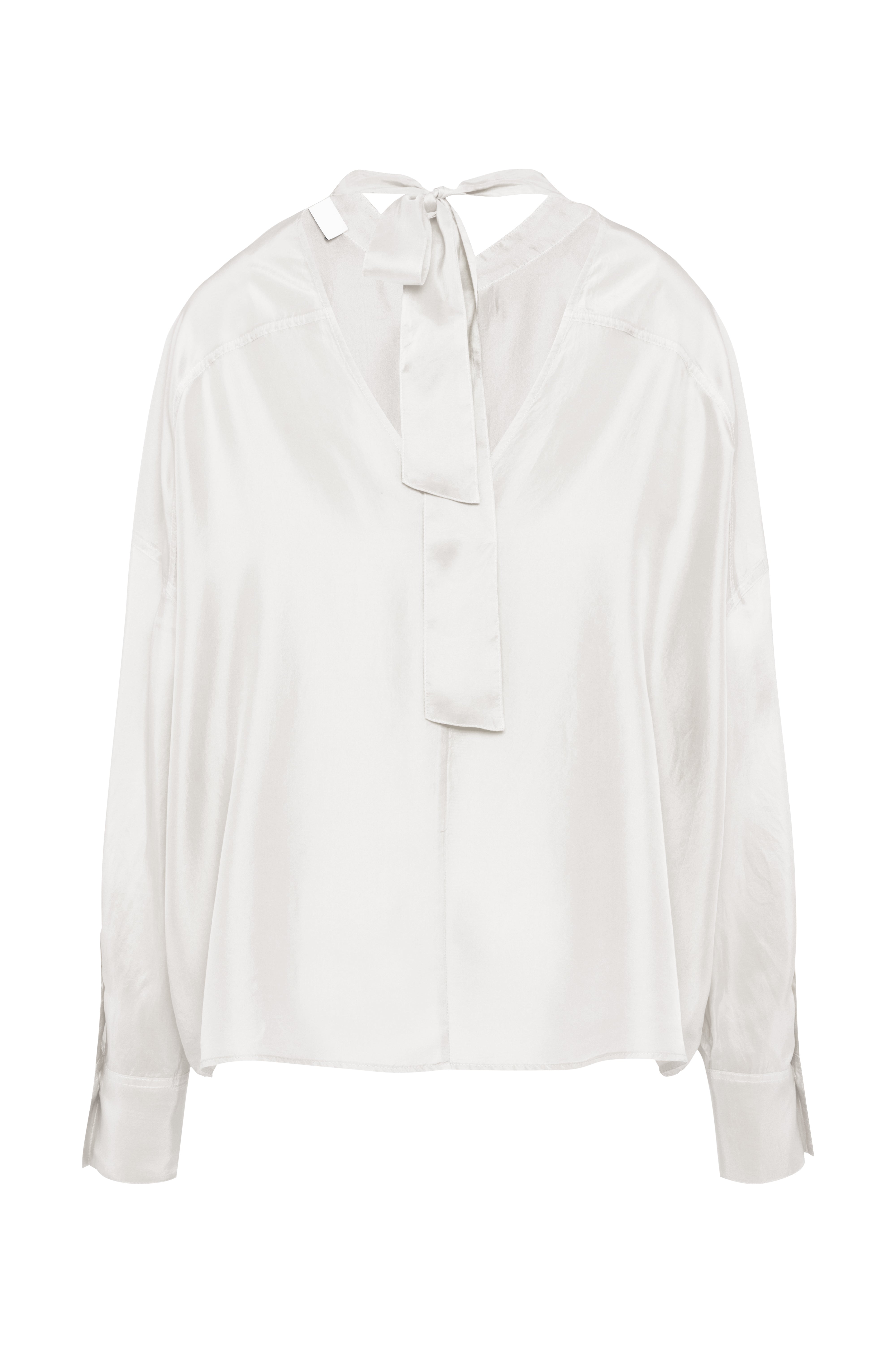 Long Sleeve Habotai Silk Shirt In Chalk White With Tie-Back Collar And Back Neckline Detail