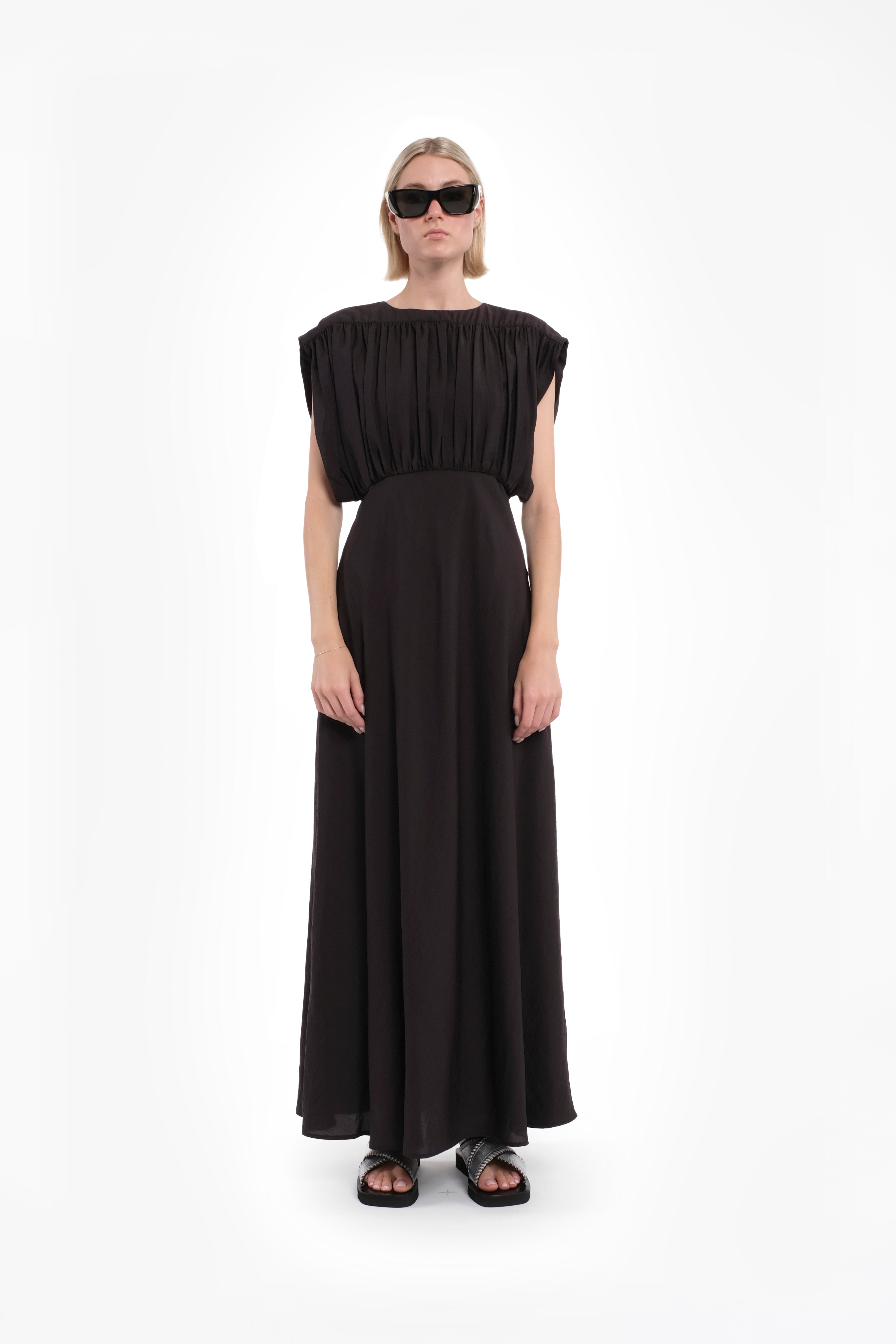 Coffee-Colored Tencel Sleeveless Maxi Dress With Ruched Top