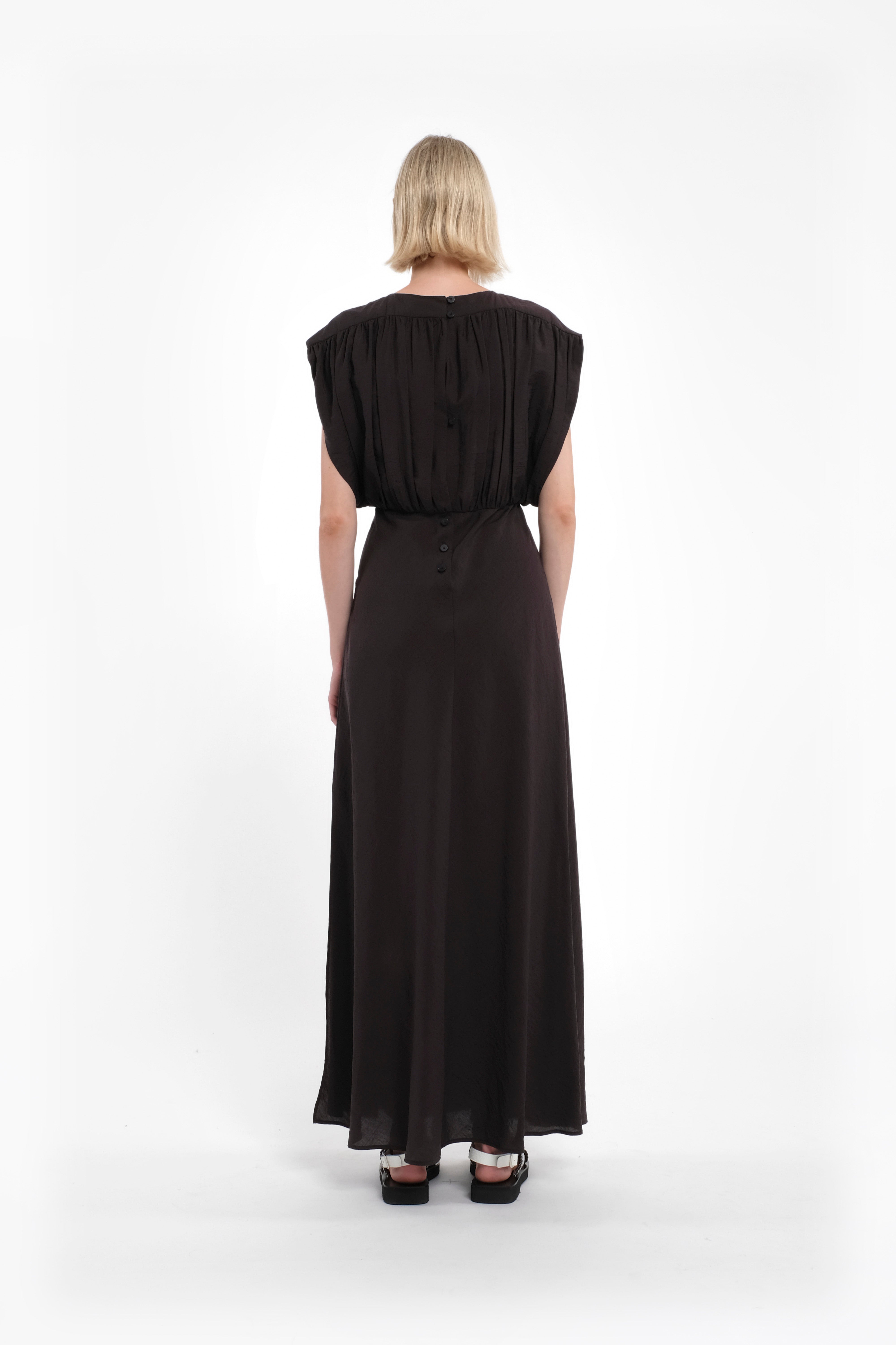 Coffee-Colored Tencel Sleeveless Maxi Dress With Ruched Top