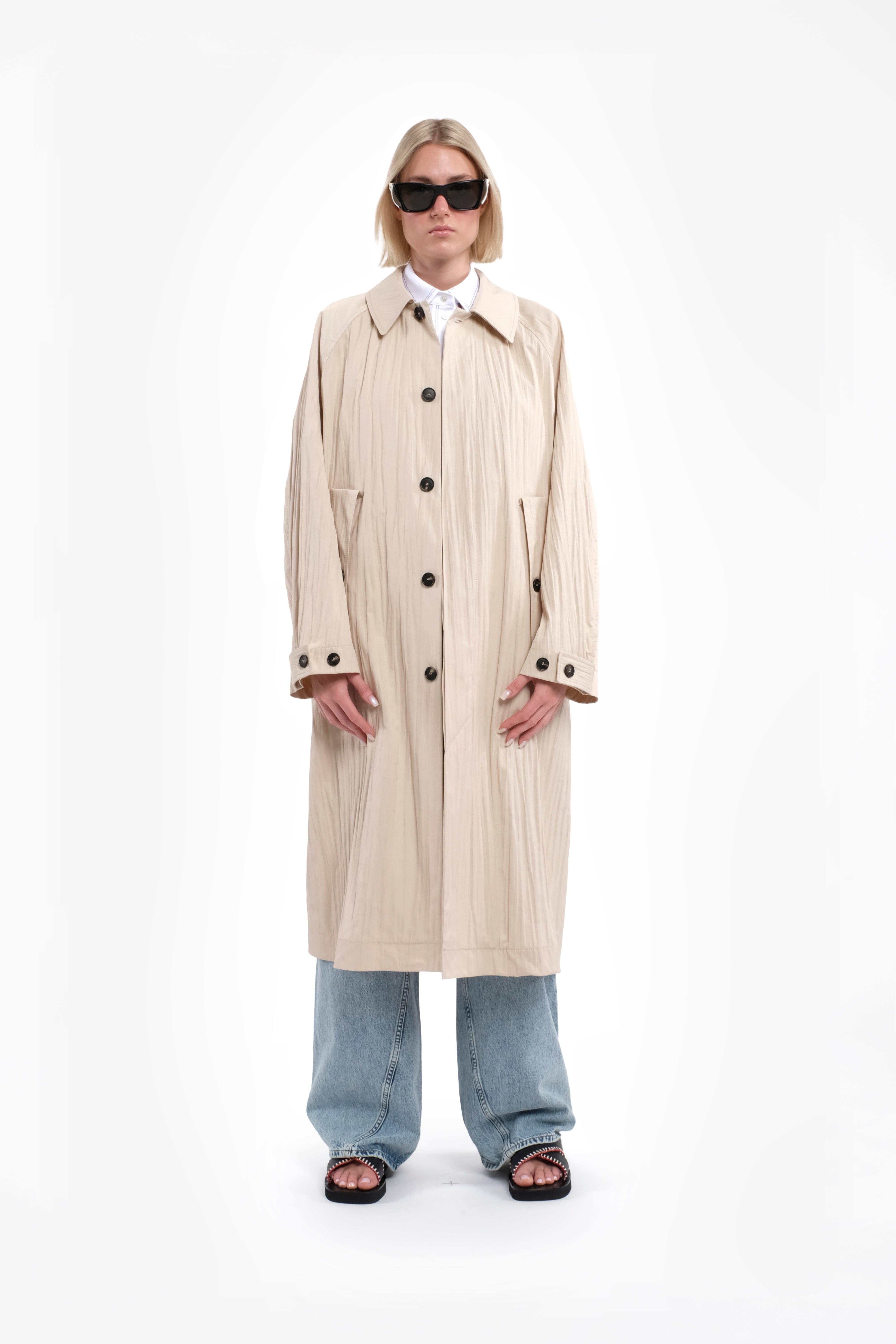 Long Trench Coat In Beige Crinkled Nylon