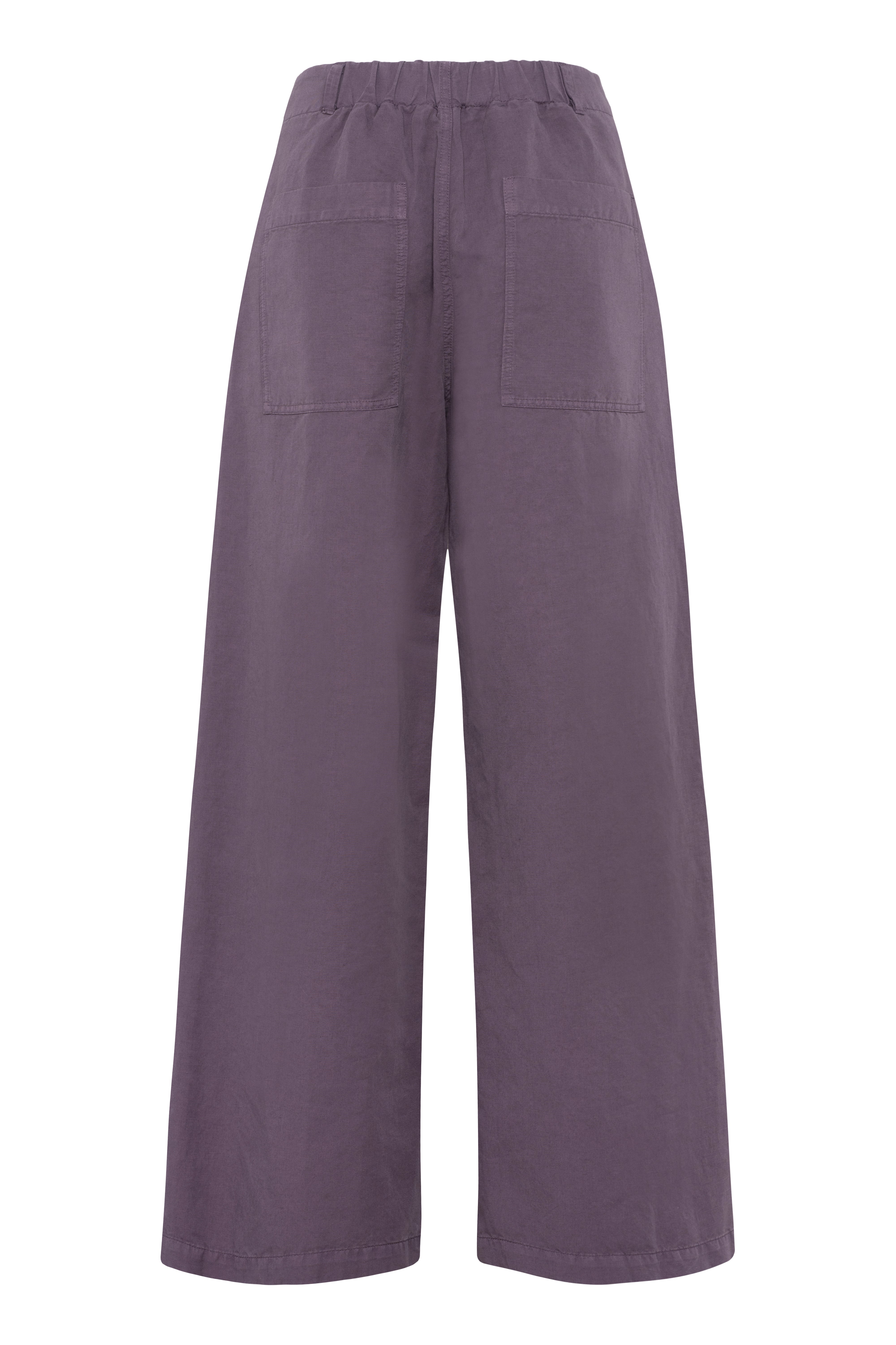 Pantaloni a gamba larga in lino-cotone colore prugna