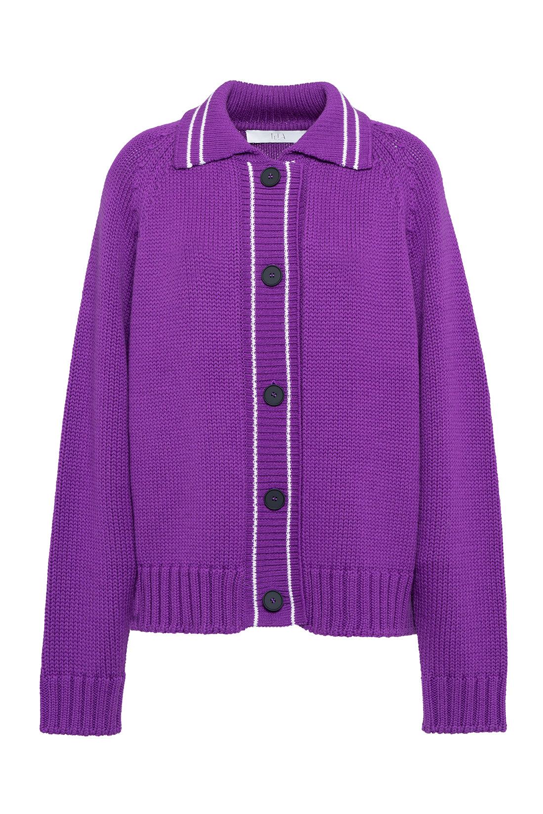 Purple Wool Long-Sleeved Cardigan Polo With Contrasting White Lines