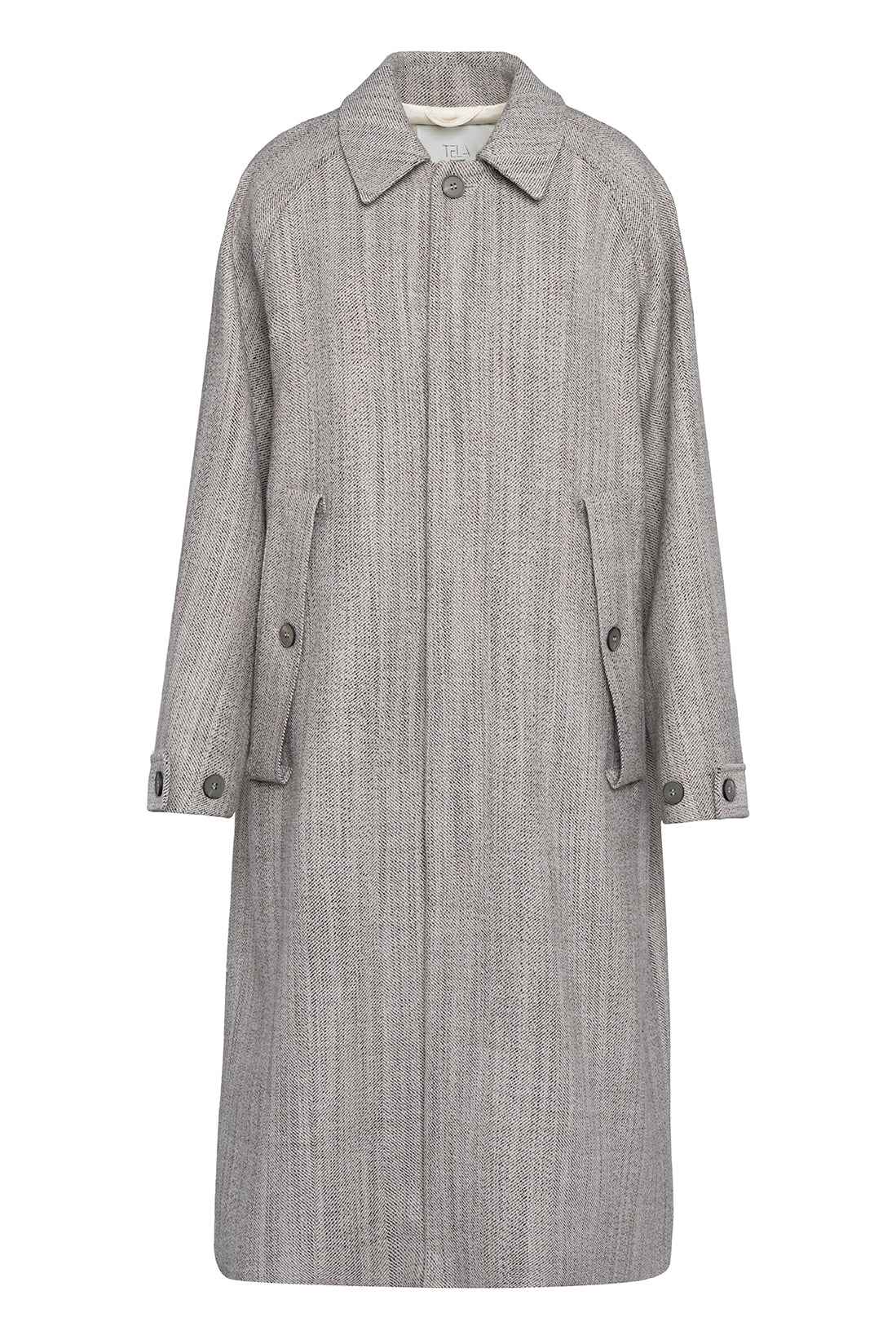 Long Herringbone Wool Coat With Buttons Detail