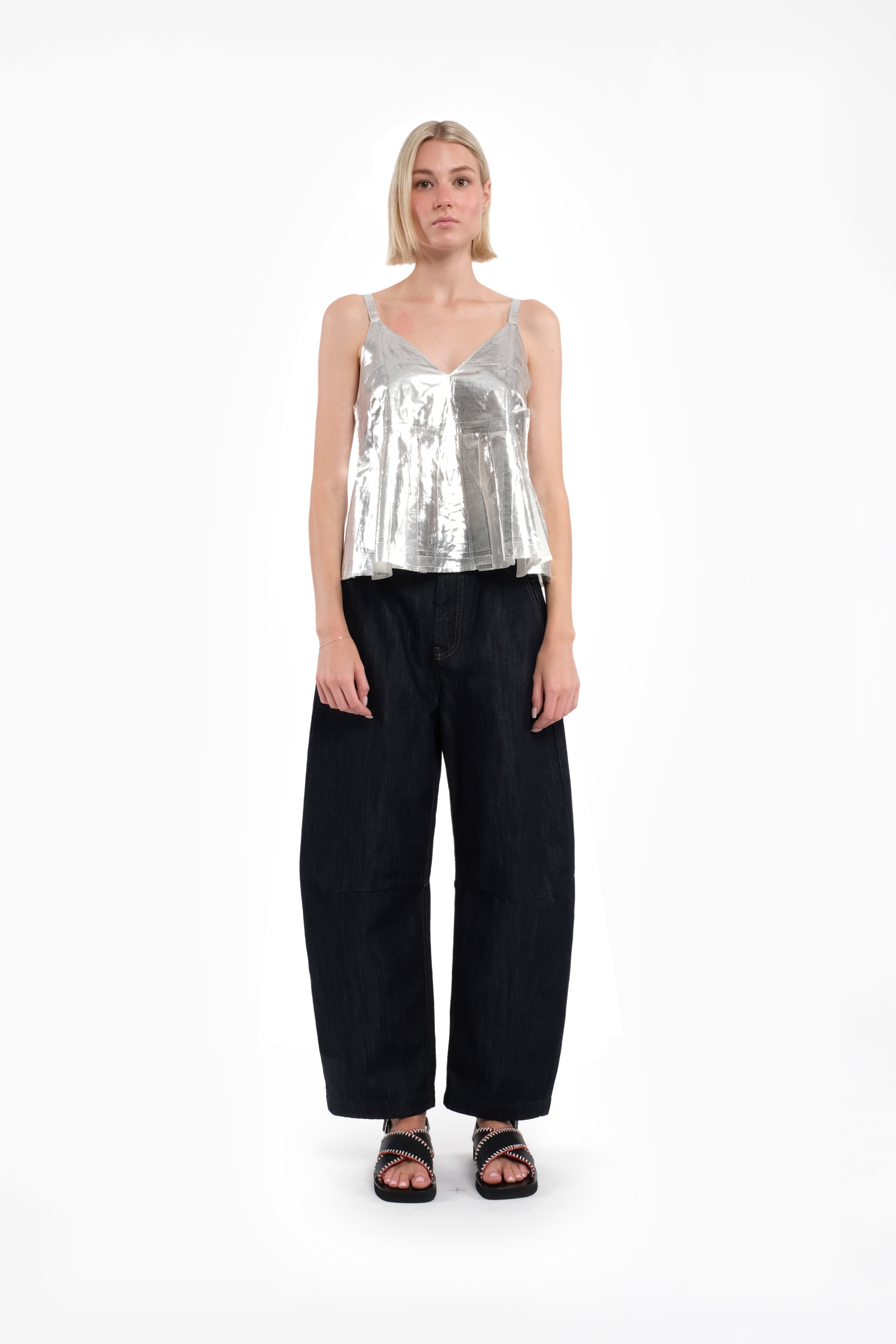 Silver Laminated Cotton Muslin Sleeveless Top