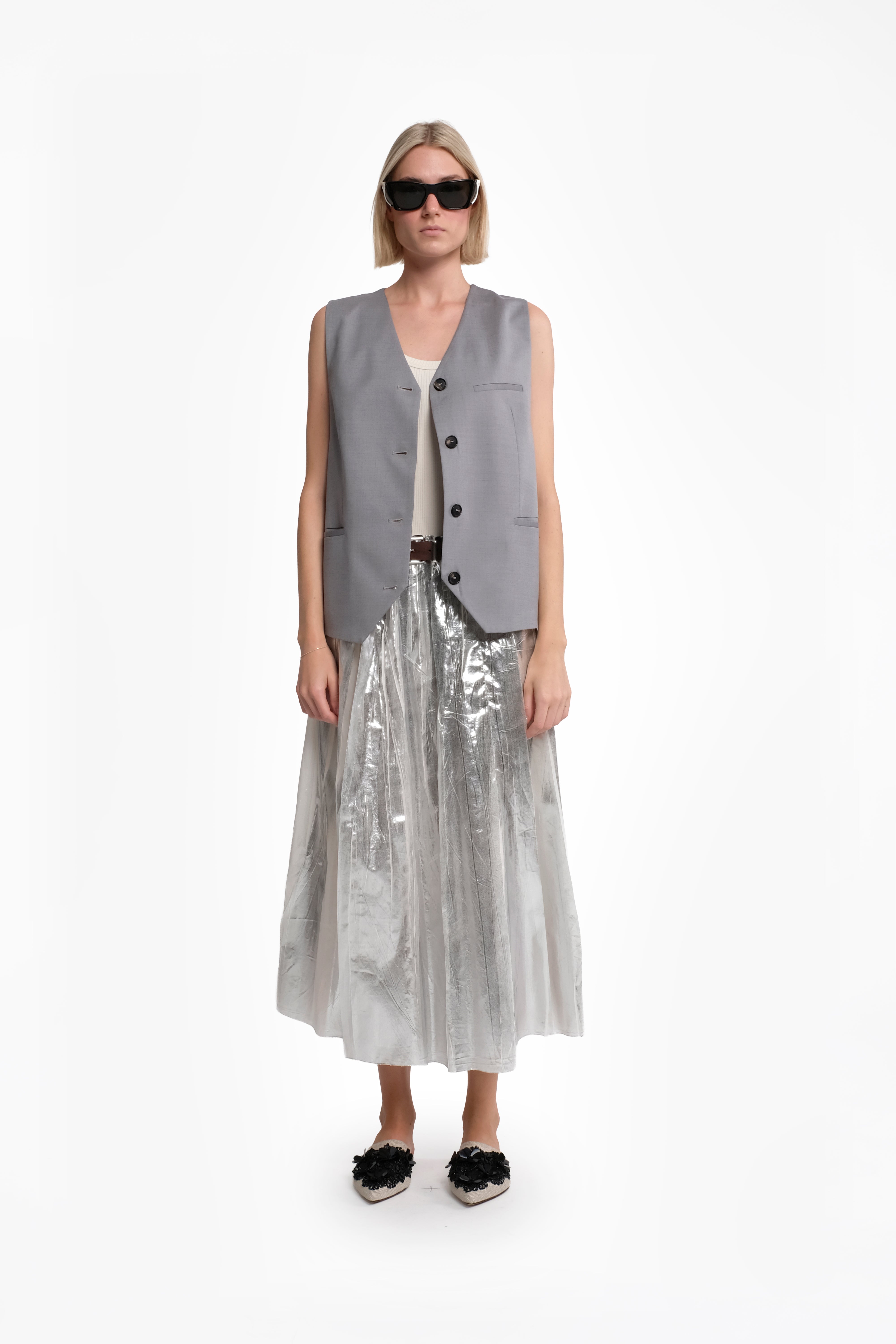 Long Pleated Skirt In Laminated Cotton Muslin
