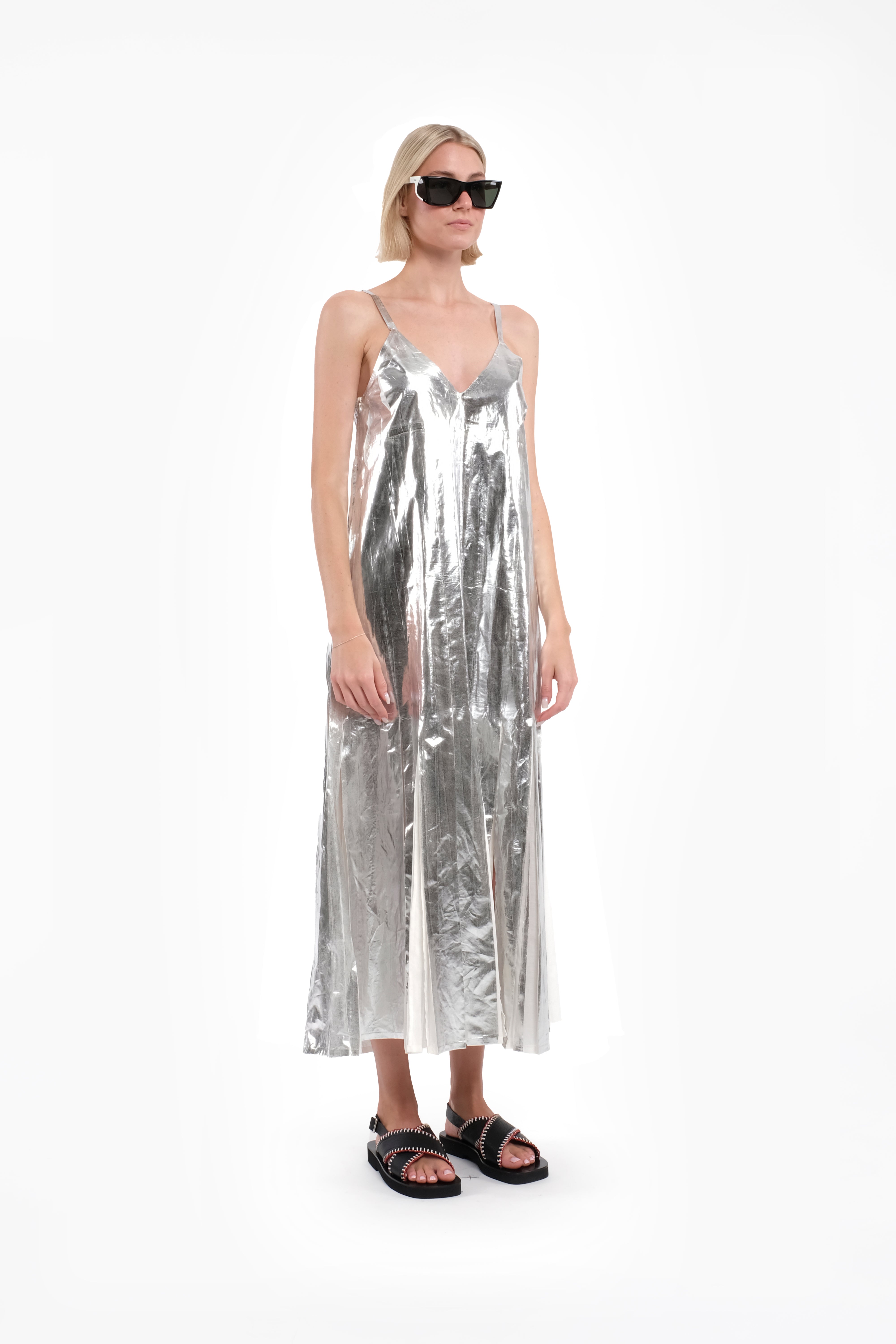Sleeveless Maxi Dress In Silver Laminated Muslin
