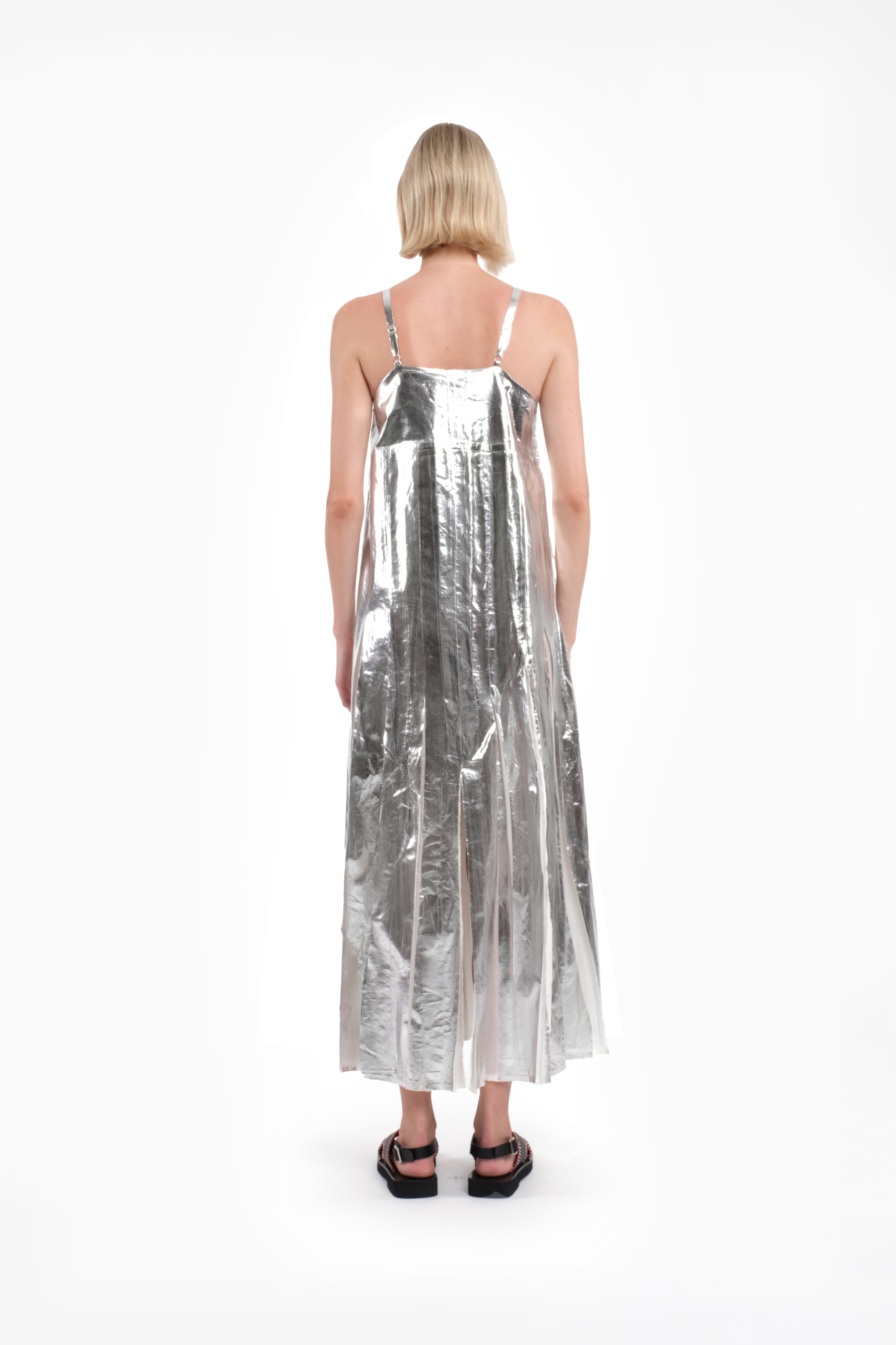 Sleeveless Maxi Dress In Silver Laminated Muslin