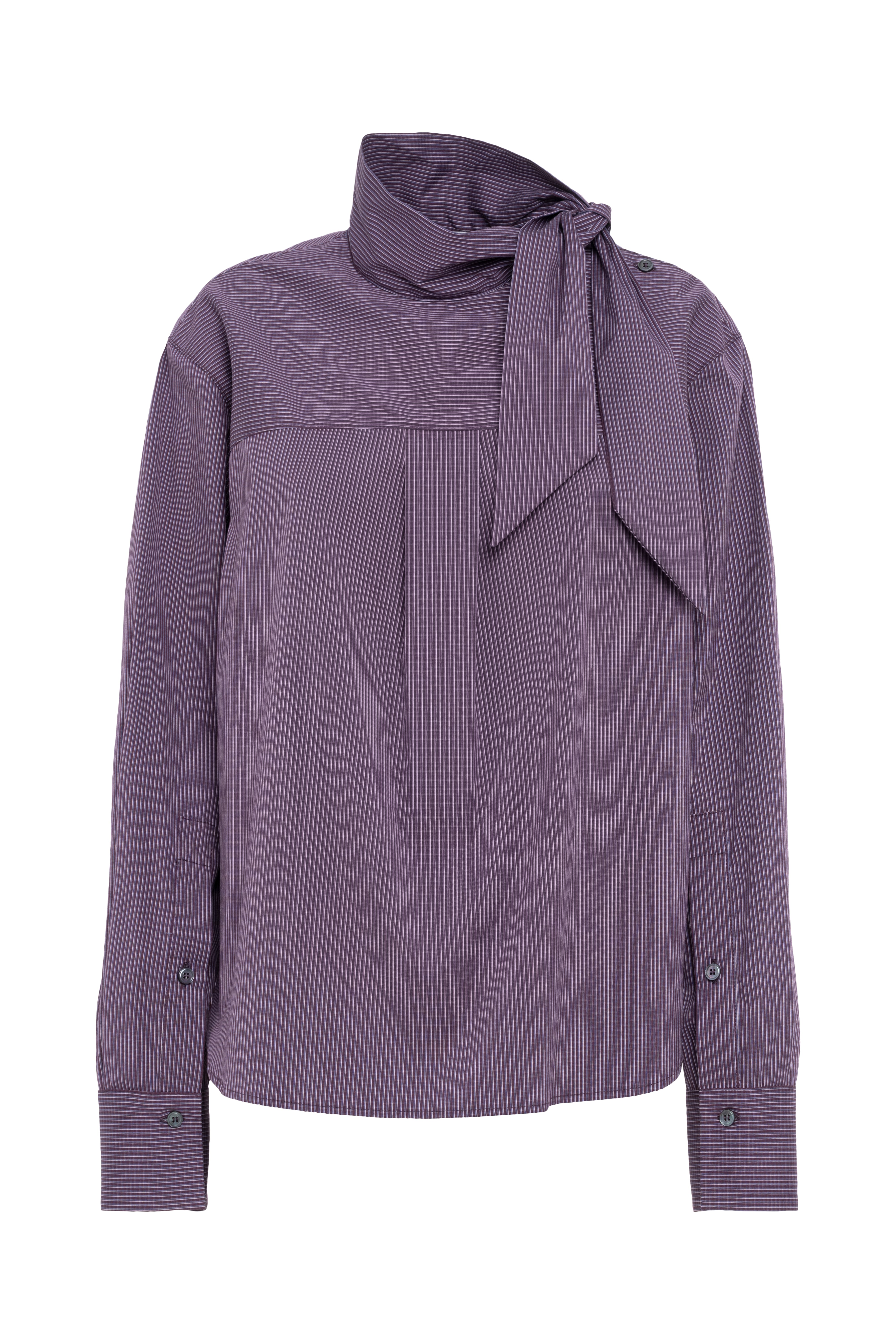Purple Micro-Check Blouse With Neck Tie Detail