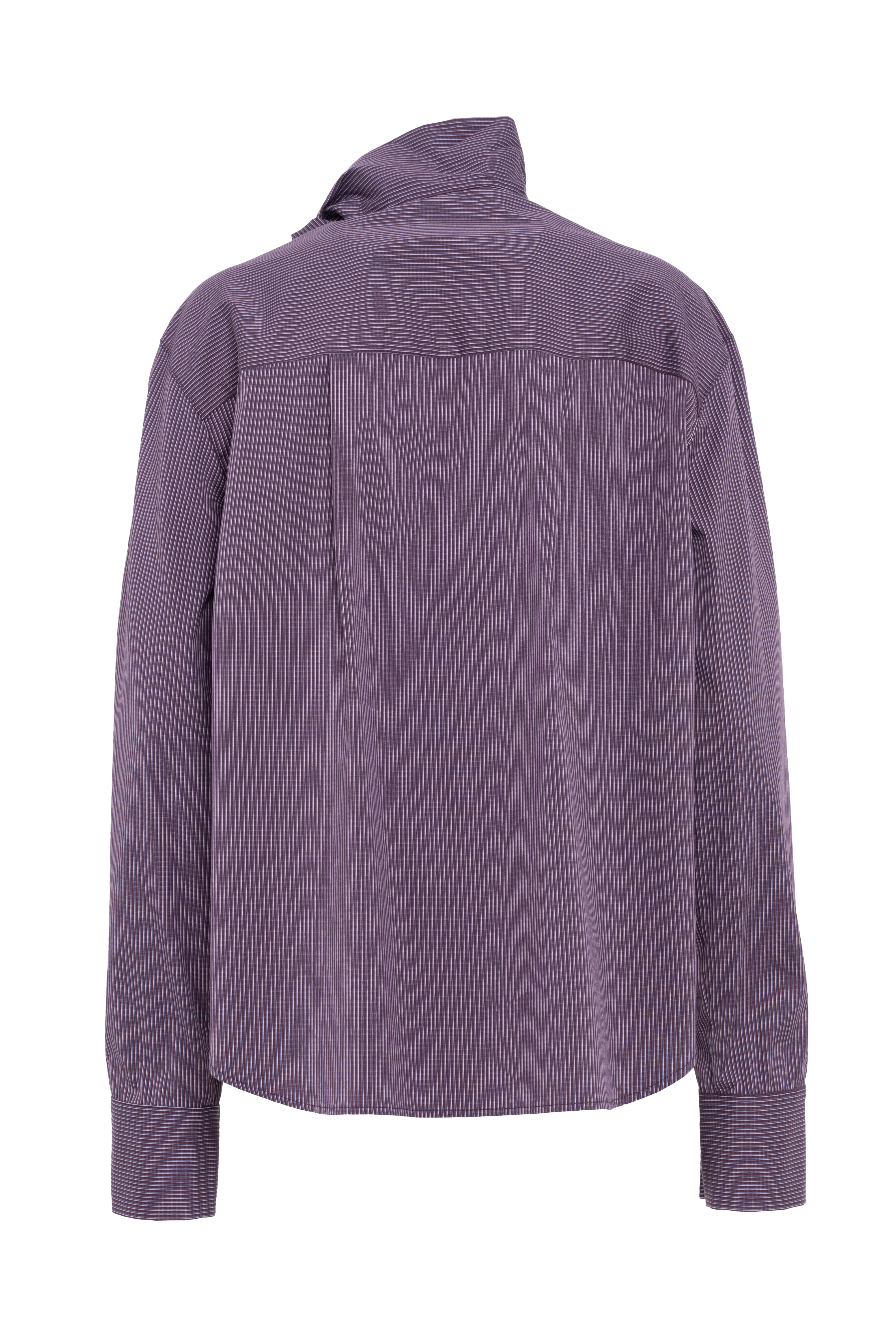 Purple Micro-Check Blouse With Neck Tie Detail