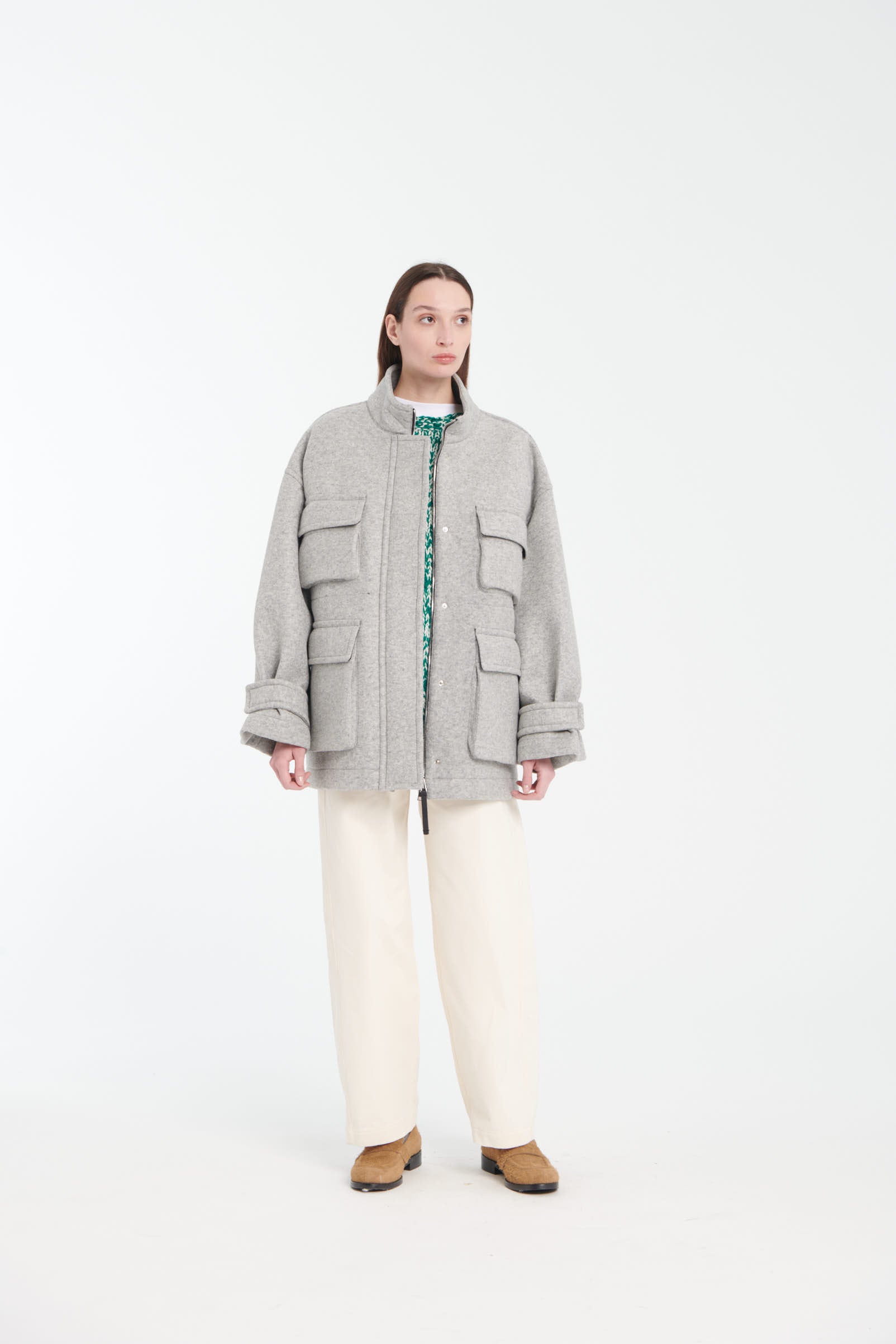 Grey Bonded Knit High-Neck Jacket