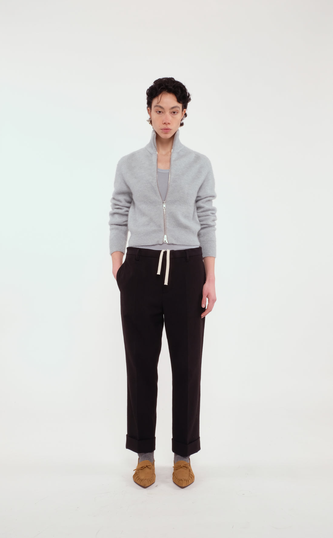Black Straight-Leg Trousers In Japanese Twill With White Drawstring And Cuffed Hem