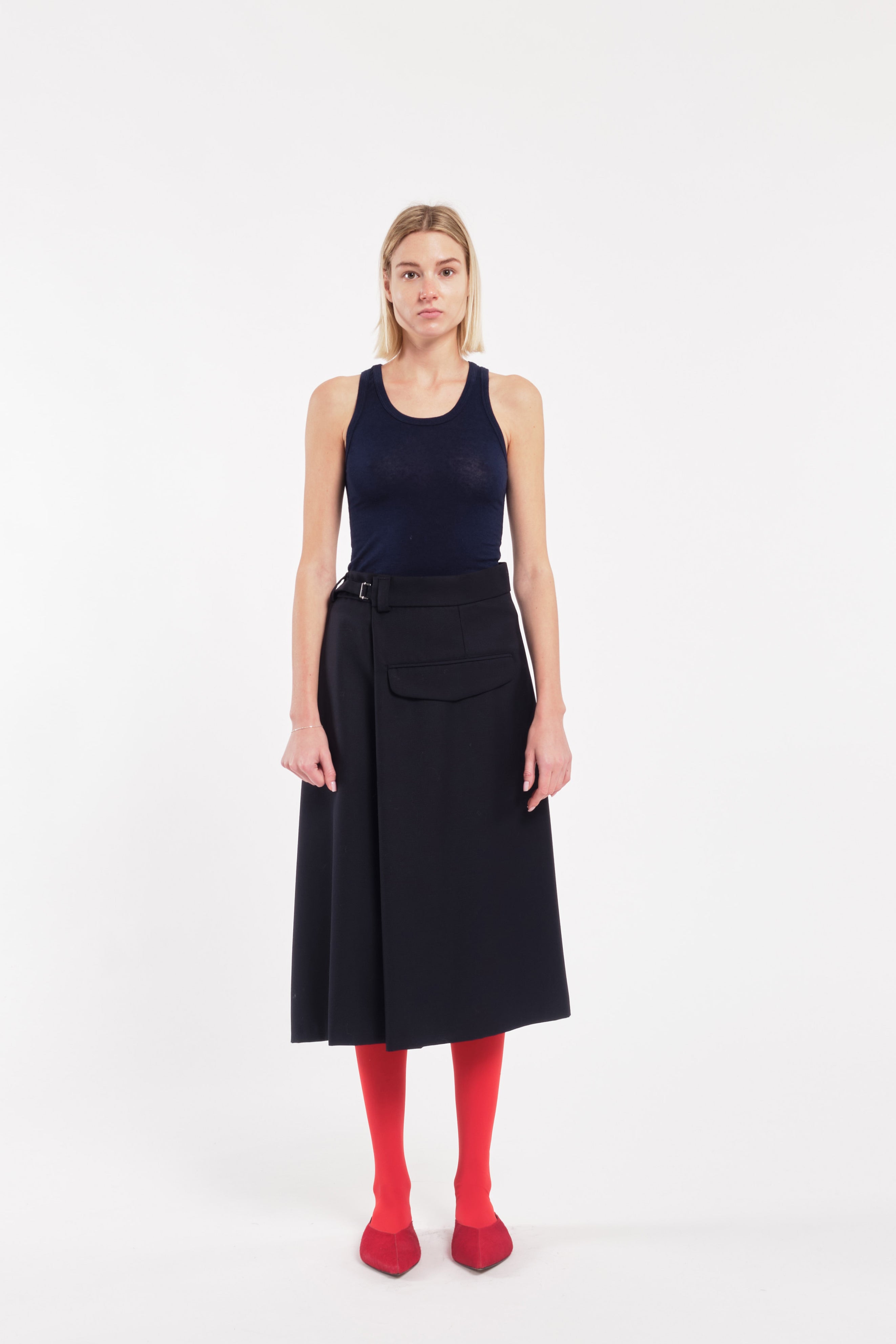 Dark Blue Wool Twill Asymmetric Wrap Midi Skirt