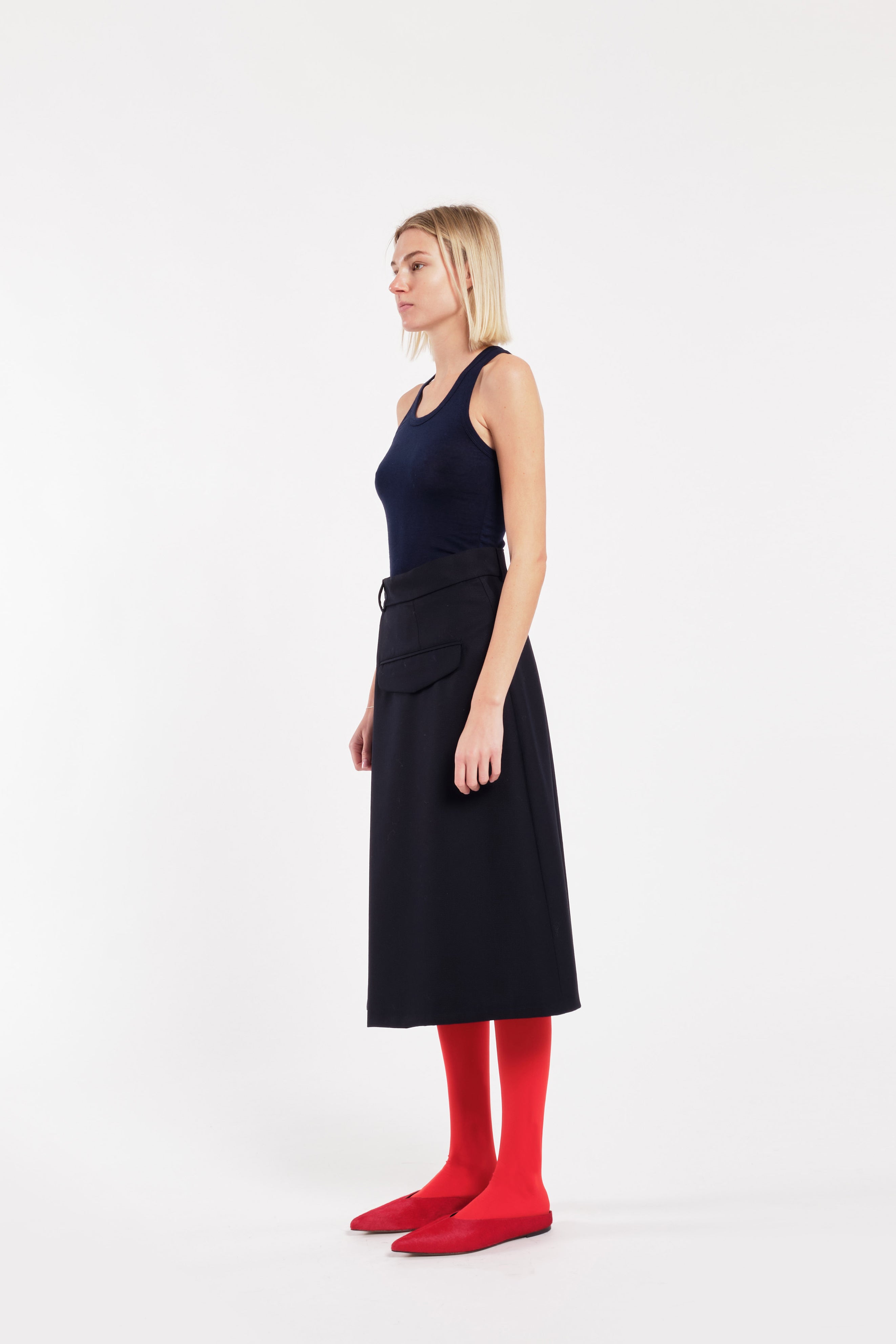 Dark Blue Wool Twill Asymmetric Wrap Midi Skirt