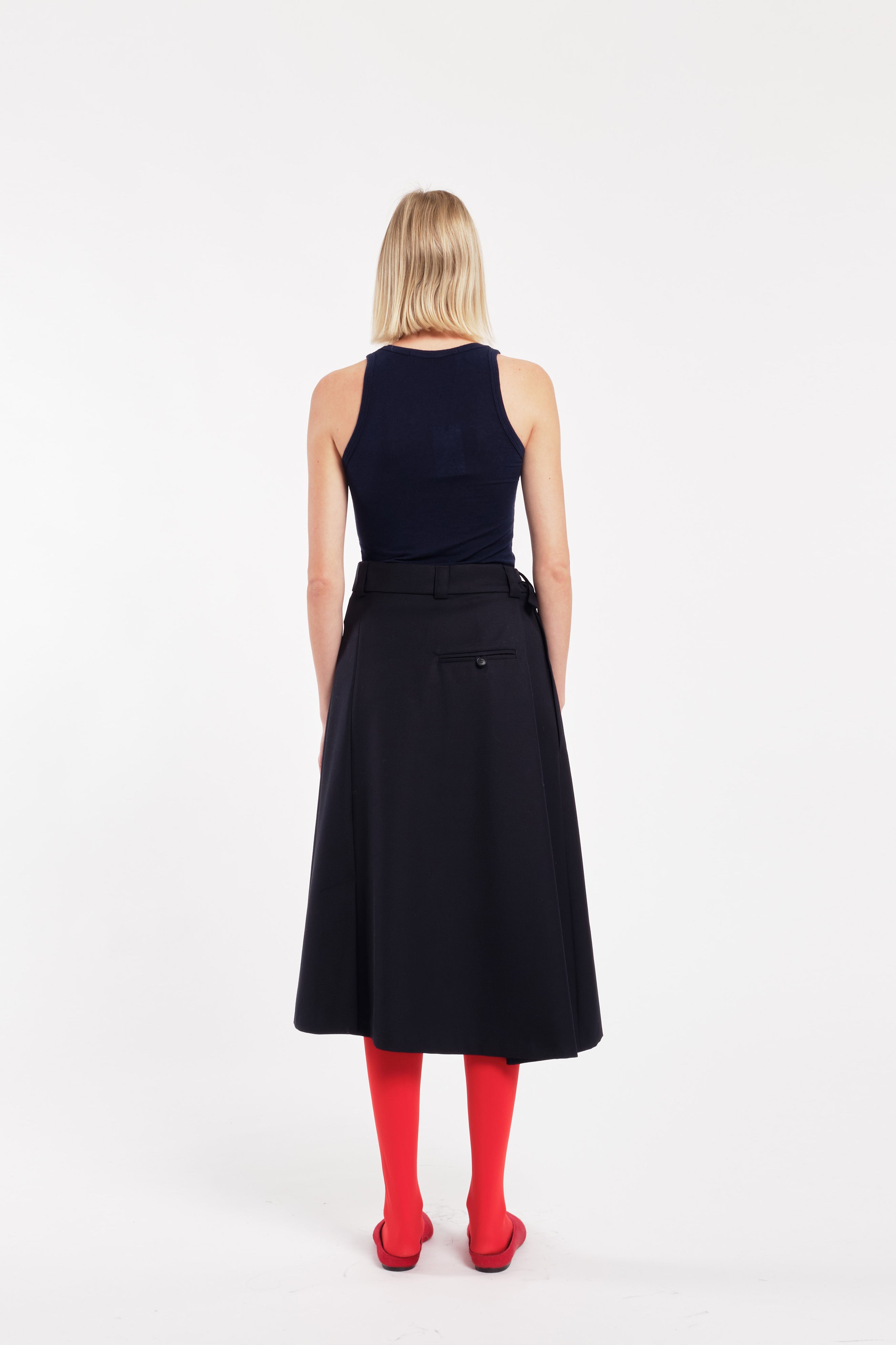 Dark Blue Wool Twill Asymmetric Wrap Midi Skirt