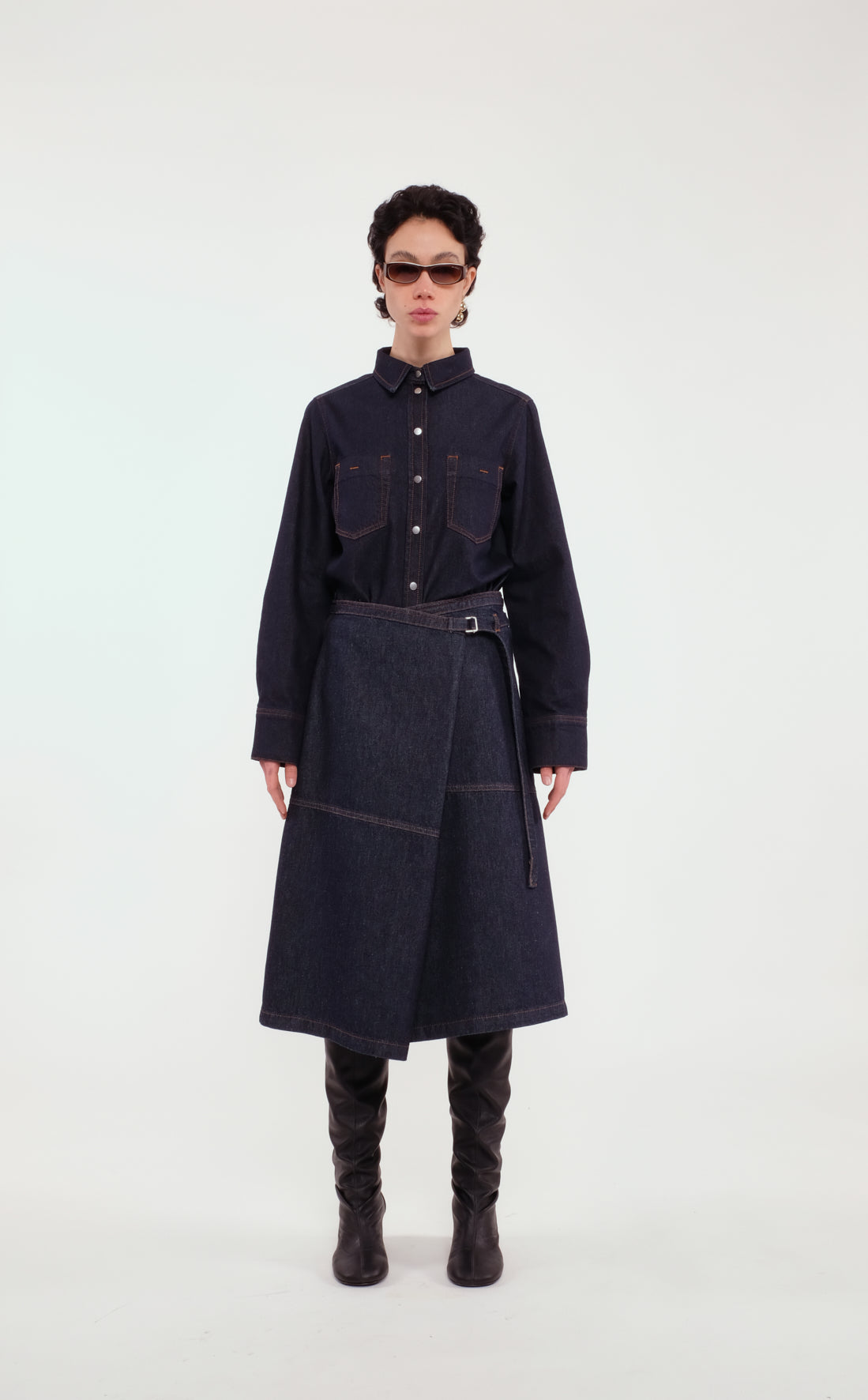 Denim Asymmetric Wrap Midi Skirt