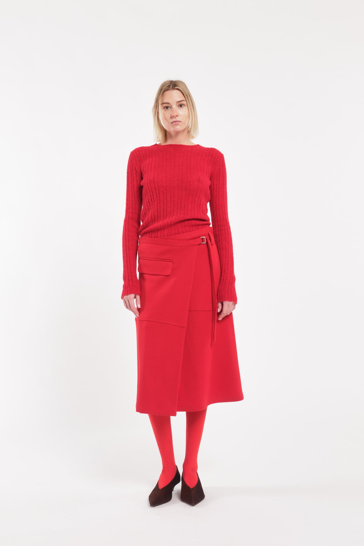 Wool Jersey Asymmetric Wrap Midi Skirt In Bright Red